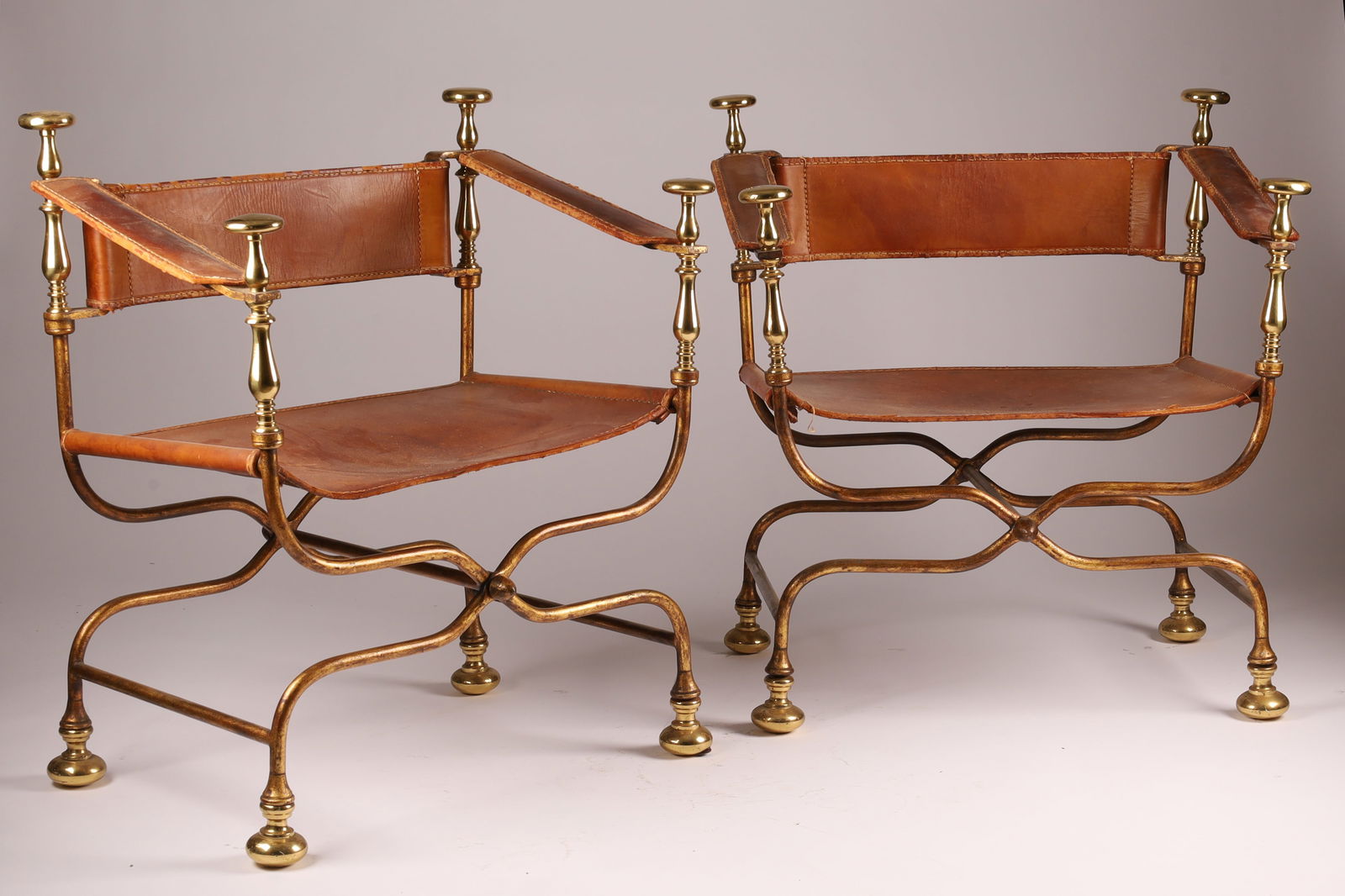 Pair of Mid Century Italian Leather and Brass Curule Savonarola Chairs (1 of 6)