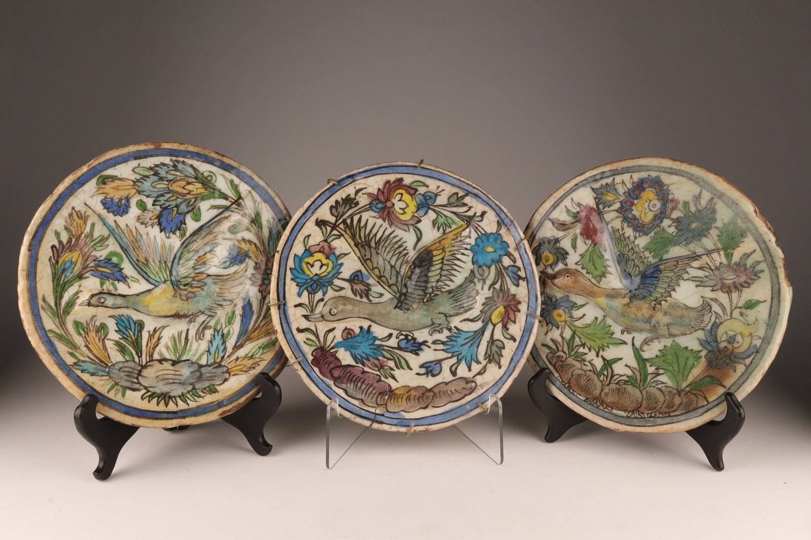 Lot of Middle Eastern Iznik Round Glazed Bird Plaques / Tiles: Lot of Middle Eastern Iznik Round Glazed Bird Plaques / Tiles. Measuring 10 inches diameter. 