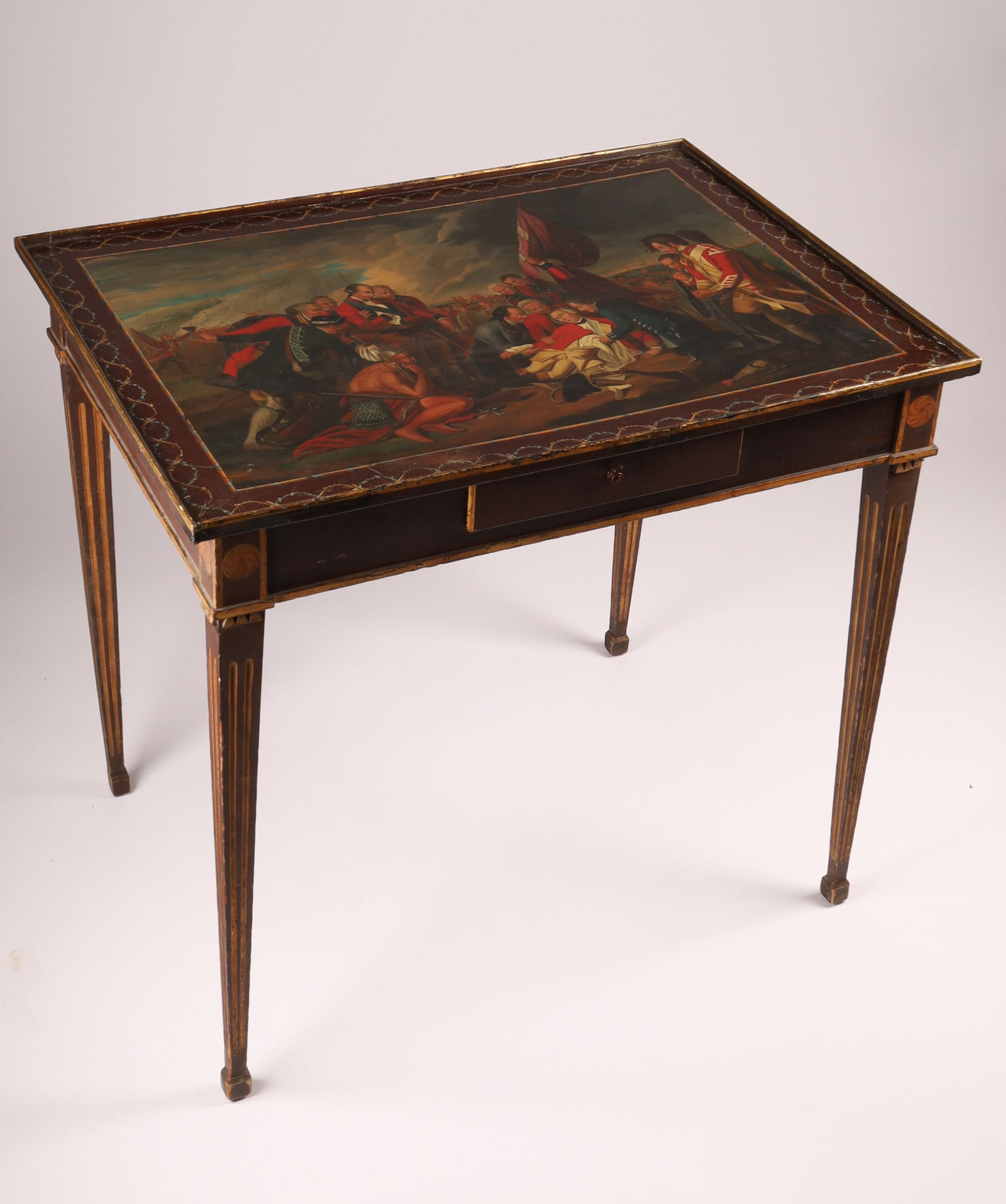 19th C Neoclassical Painted Desk, The Death of General Wolfe after Benjamin West: 19th or early 20th C English Neoclassical Painted Desk, The Death of General Wolfe after Benjamin West (1738-1820). Decorated with a finely painted copy of Benjamin West's famous scene depicting Gener