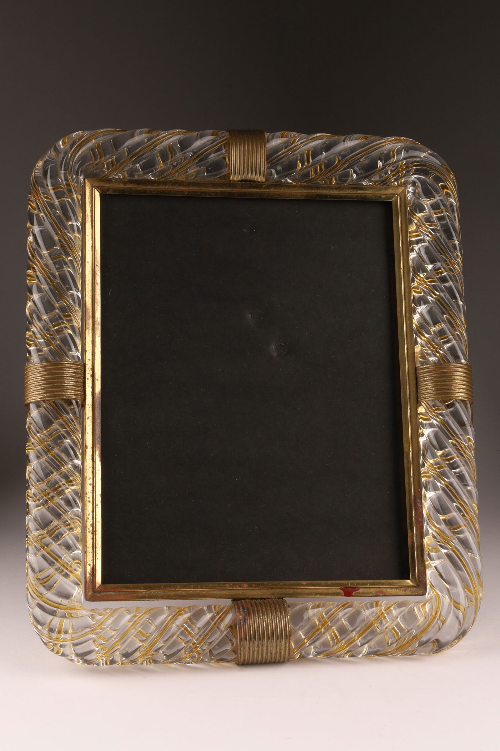 BAROVIER & TOSO Attributed Murano Textured Glass Photo Frame: Attributed to Barovier & Toso, this Murano photo frame features a distinctive textured glass border with gold embellishments. Measuring 13 x 10 inches. From the collection of a prominent glass