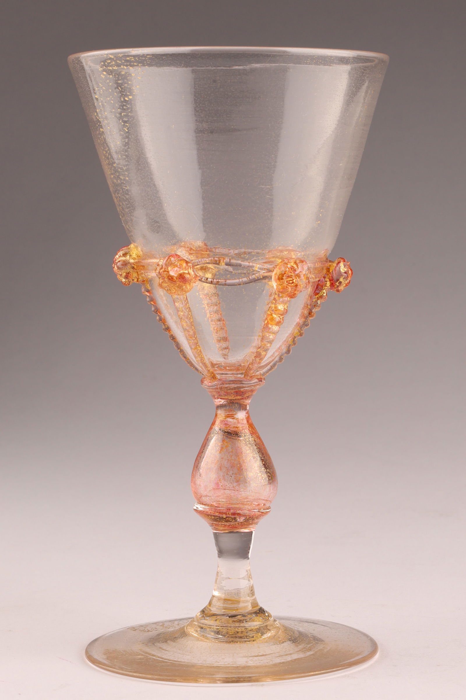 SALVIATI Attributed Venetian Glass Wine Goblet, Pink Flowers with Gold Inclusions: Attributed to Salviati, this Venetian wine glass dates to circa 1900.Measuring 5.5 inches H x 2.75 W. From the collection of a prominent glass collector from Toronto.