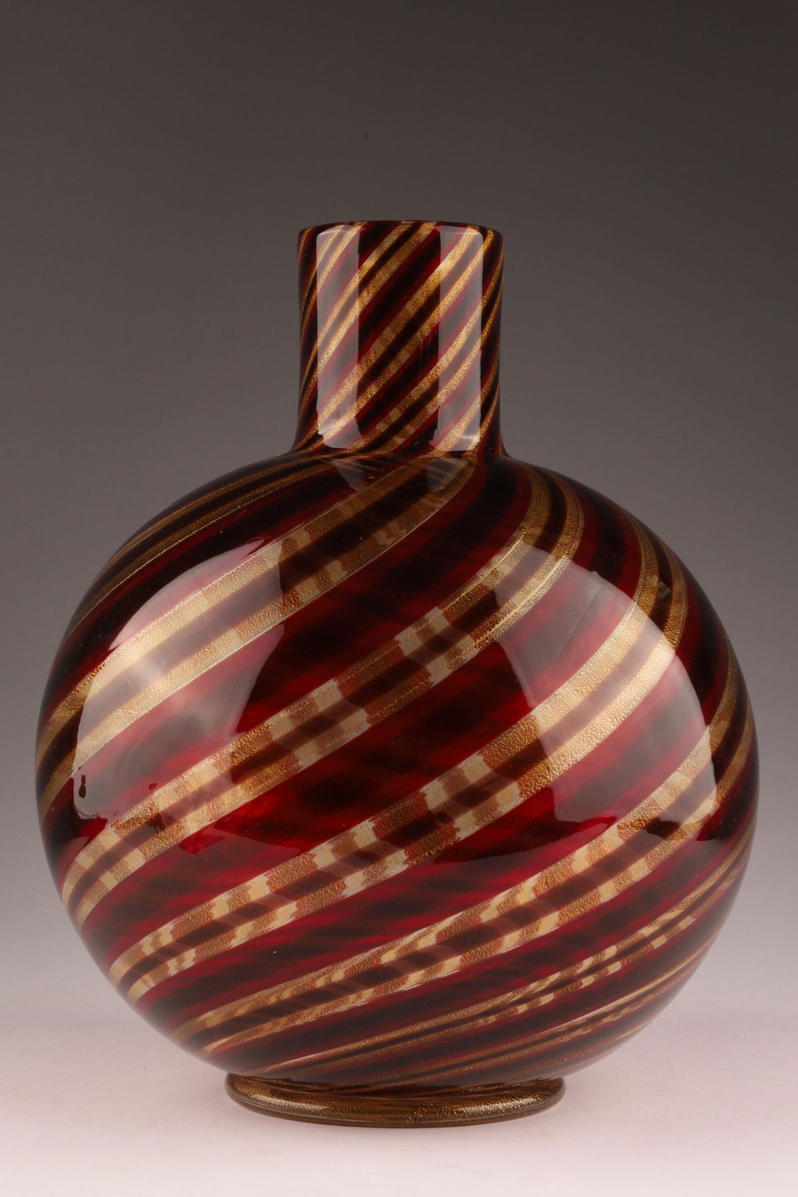 BAROVIER & TOSO Murano Glass Spherical Vase, Red & Gold: This Barovier & Toso vase dates to the 1960s, measuring 10 inches H x 7 W. From the collection of a prominent glass collector from Toronto.