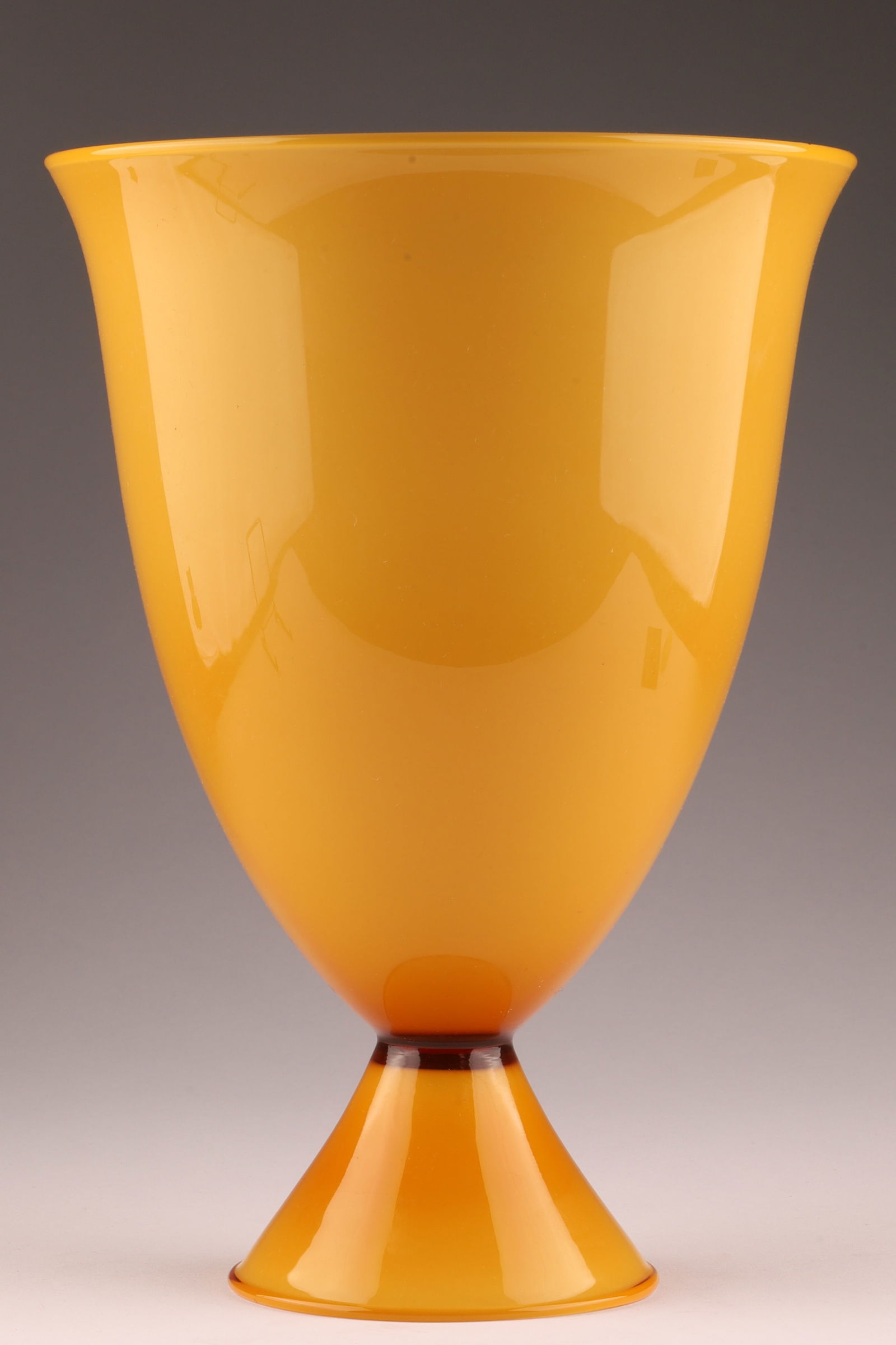 CARLO SCARPA Attributed Murano Glass Goblet/Compote, Yellow: This Carlo Scarpa goblet dates to the 1940s and retains a Pauly & Co. label. Measuring 10 inches H x 7 W. From the collection of a prominent glass collector from Toronto.