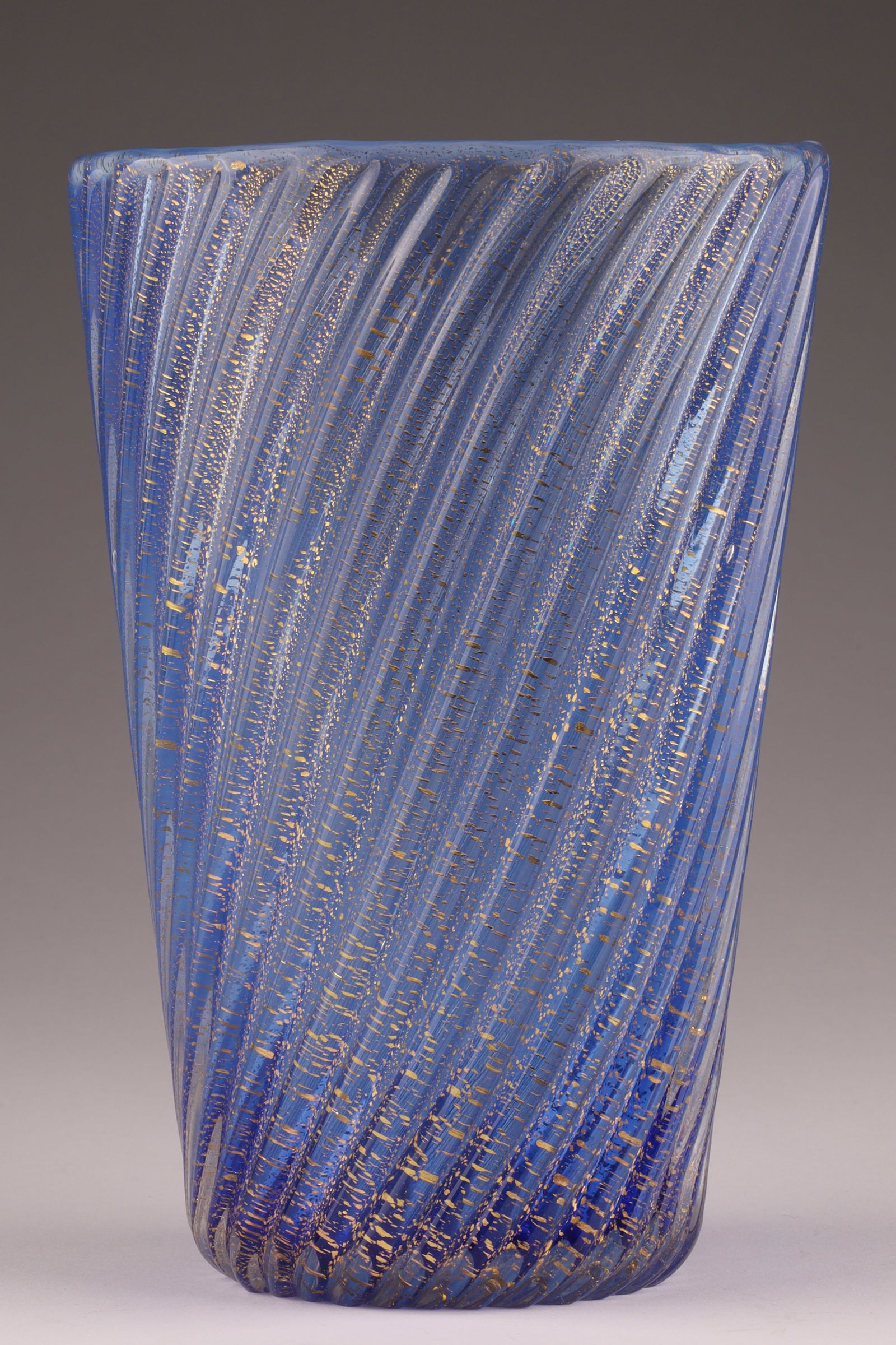 ARCHIMEDES SEGUSO Murano Ribbed Optic Art Glass Vase, Blue with Gold Flecks (1 of 6)