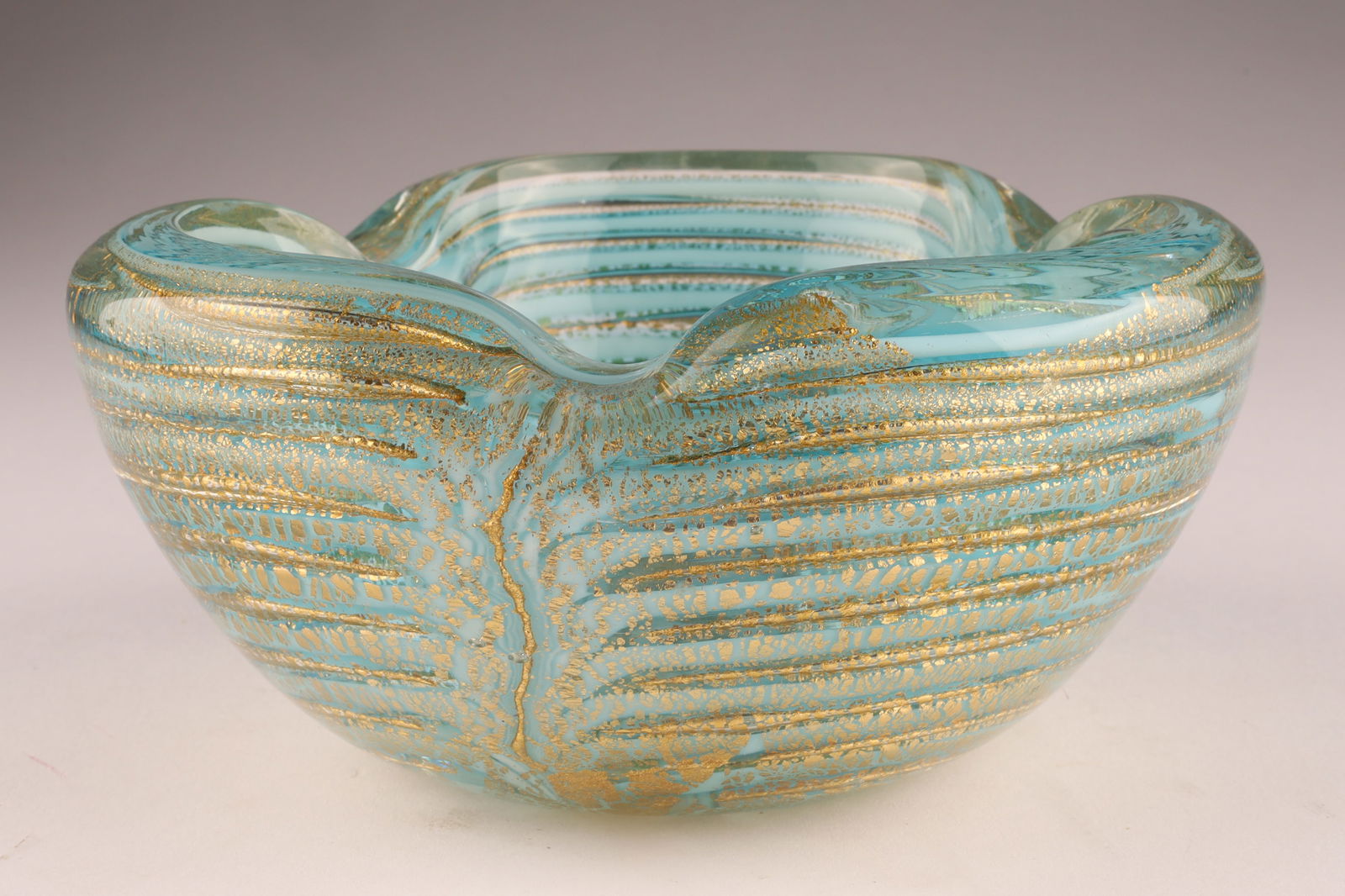 BAROVIER & TOSO Murano Turquoise Graffito Lattimo Gold Inclusions: This Barovier & Toso bowl dates to the 1950s. Measuring 5 inches diameter x 2.5 H. From the collection of a prominent glass collector from Toronto.