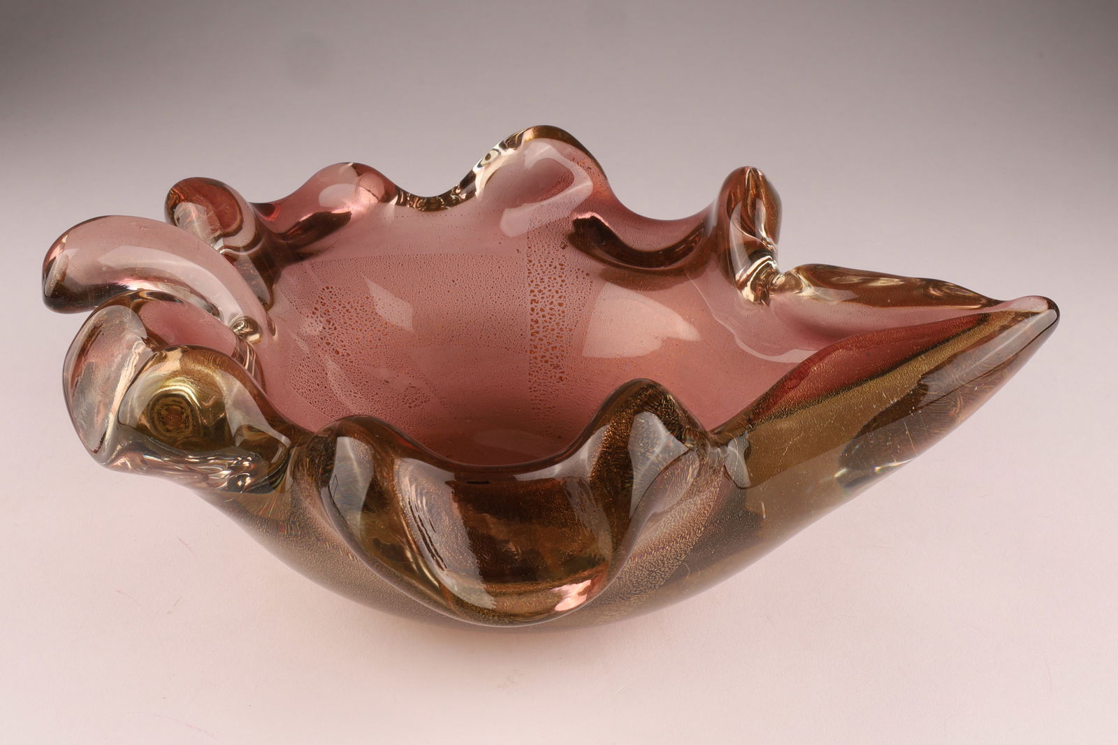BAROVIER & TOSO Murano Ruffled Art Glass Bowl, Smoky Pink: This Barovier & Toso bowl dates to the 1930s, measures 9 inches W x 3 x 7. From the collection of a prominent glass collector from Toronto.