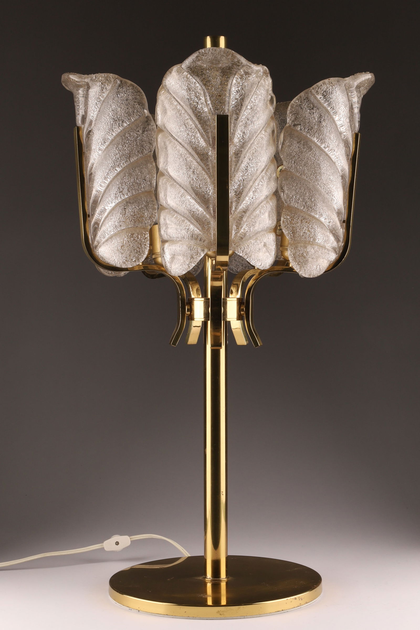 Hollywood Regency Modernist 1960s Carl Fagerlund for Orrefors Brass and Glass Leaf Table Lamp: Hollywood Regency Modernist 1960s Carl Fagerlund for Orrefors Brass and Glass Leaf Table Lamp. Measuring 26 inches H x 14 W, glass leaves measure 9 inches H x 6W. 