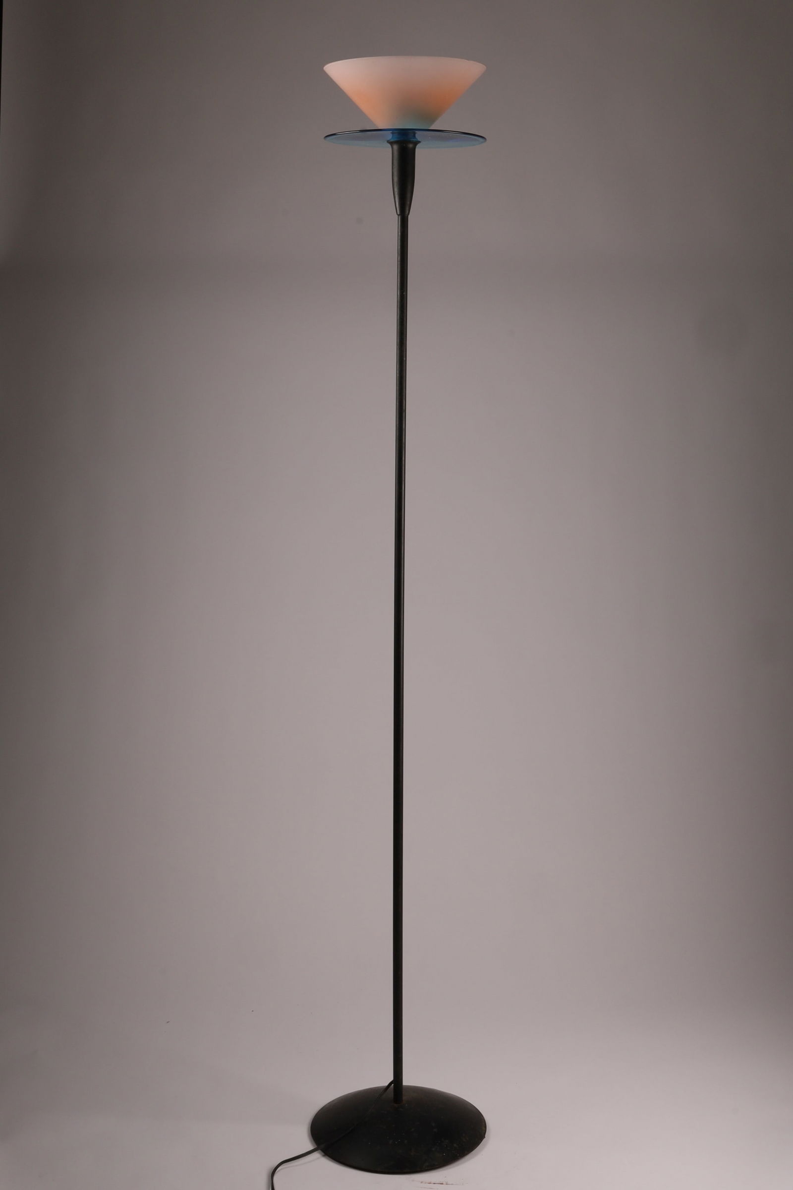 ITALIAN MODERN MAZZEGA MURANO FLOOR LAMP ART GLASS Shade: An iconic Mazzega Murano floor lamp, featuring exquisite hand-blown glass two piece uplighter shade on a sleek metal frame, a testament to Italian Mid-Century Modern design. This statement piece