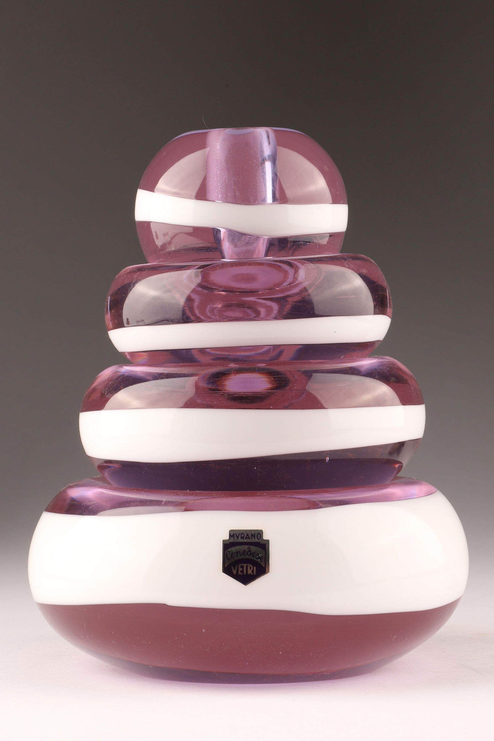 Mid Century Murano Gino Cenedese Vetri Stacking Graduated Bowls / Vase: Mid Century Italian Art Glass Murano Gino Cenedese Vetri Stacking Graduated Bowls or vide poches topped with a small candlestick, purple glass with white stripes and original foil sticker. Largest