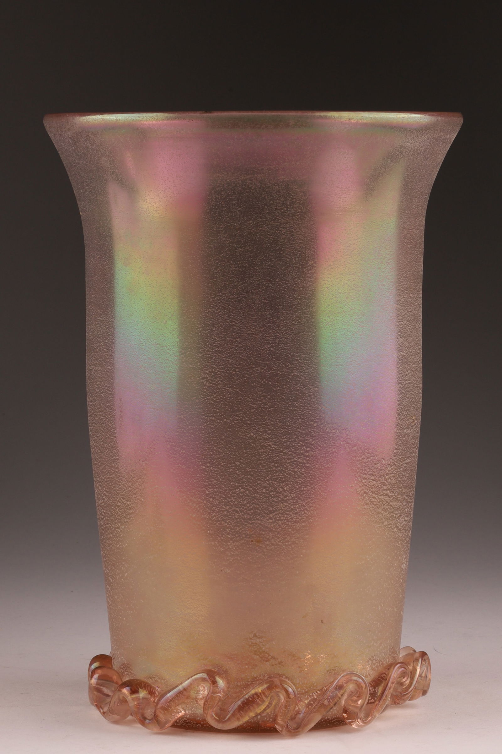 Tall 1930s KRALIK Iridescent Pink Vase with Applied Ruffle: Tall 1930s KRALIK Iridescent Pink Vase with Applied Ruffle. Marked on base, measures 8.5 inches H x 6 W.