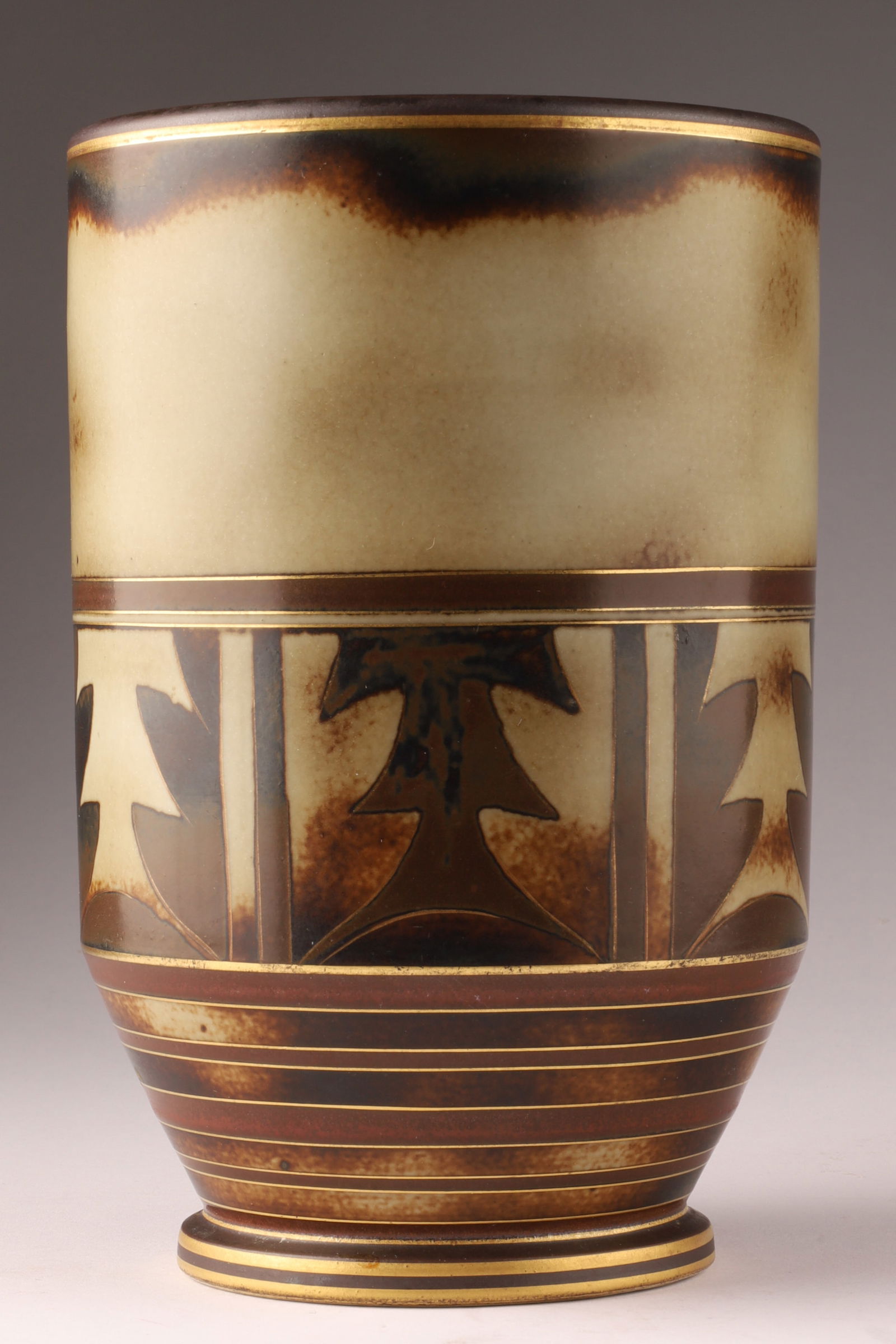 Rare Gunnar Nylund Rorstrand Flambe Stoneware Vase, Geometric & Mottled Glaze, Art Deco: This cylindrical vase displays the distinctive flaming brown effect of the Gunnar Nylund Flambe glaze on its lower portion, contrasting with the geometric upper pattern. Rorstrand produced these