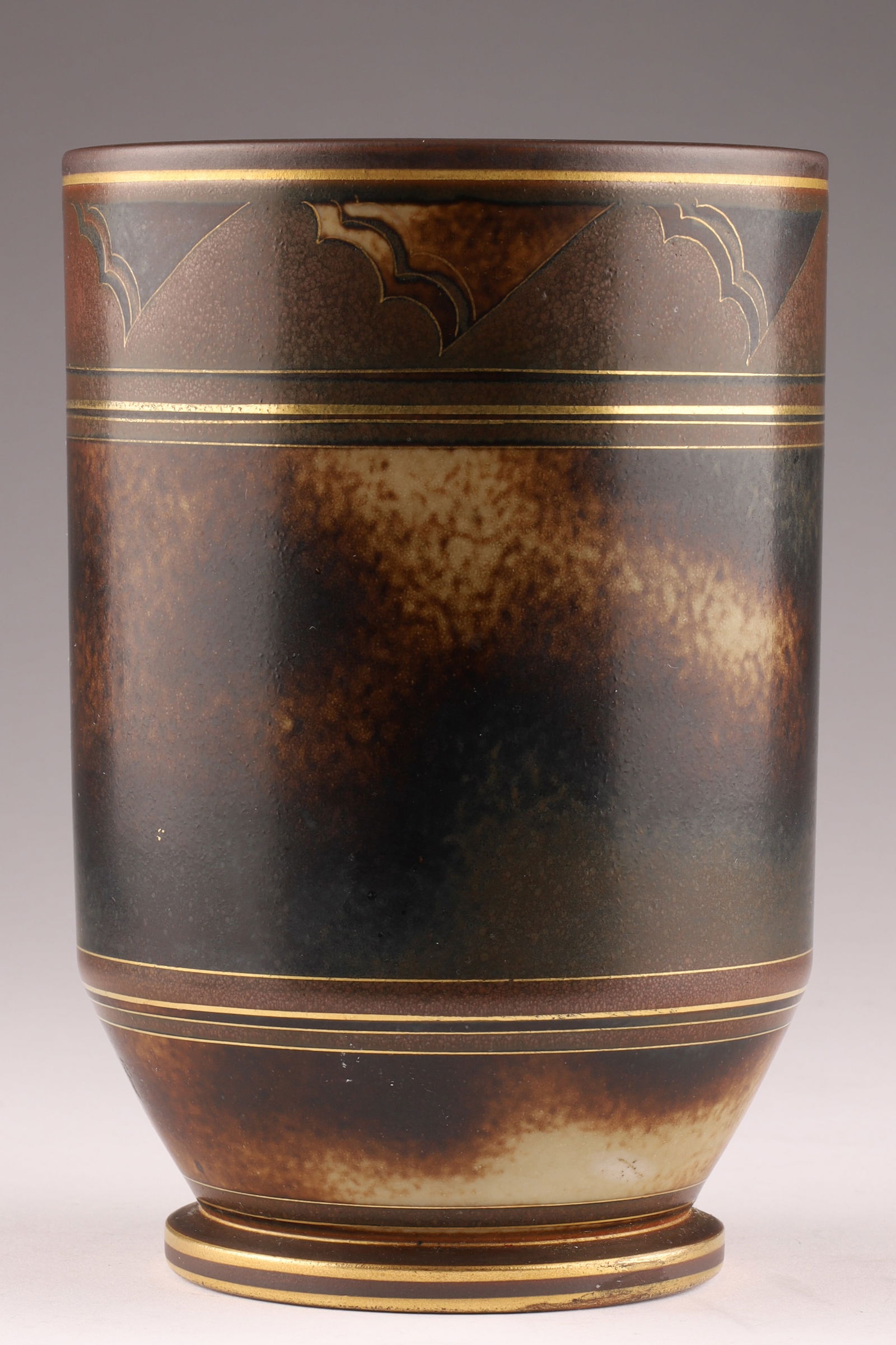 Small Gunnar Nylund for Rorstrand Flambe Stoneware Vase, Art Deco Geometric Cloud Pattern: A smaller, tapered stoneware vase from the sought-after Flambé series designed by Gunnar Nylund for Rorstrand. It features dark brown, black, and beige glazes with geometric patterns typical of the