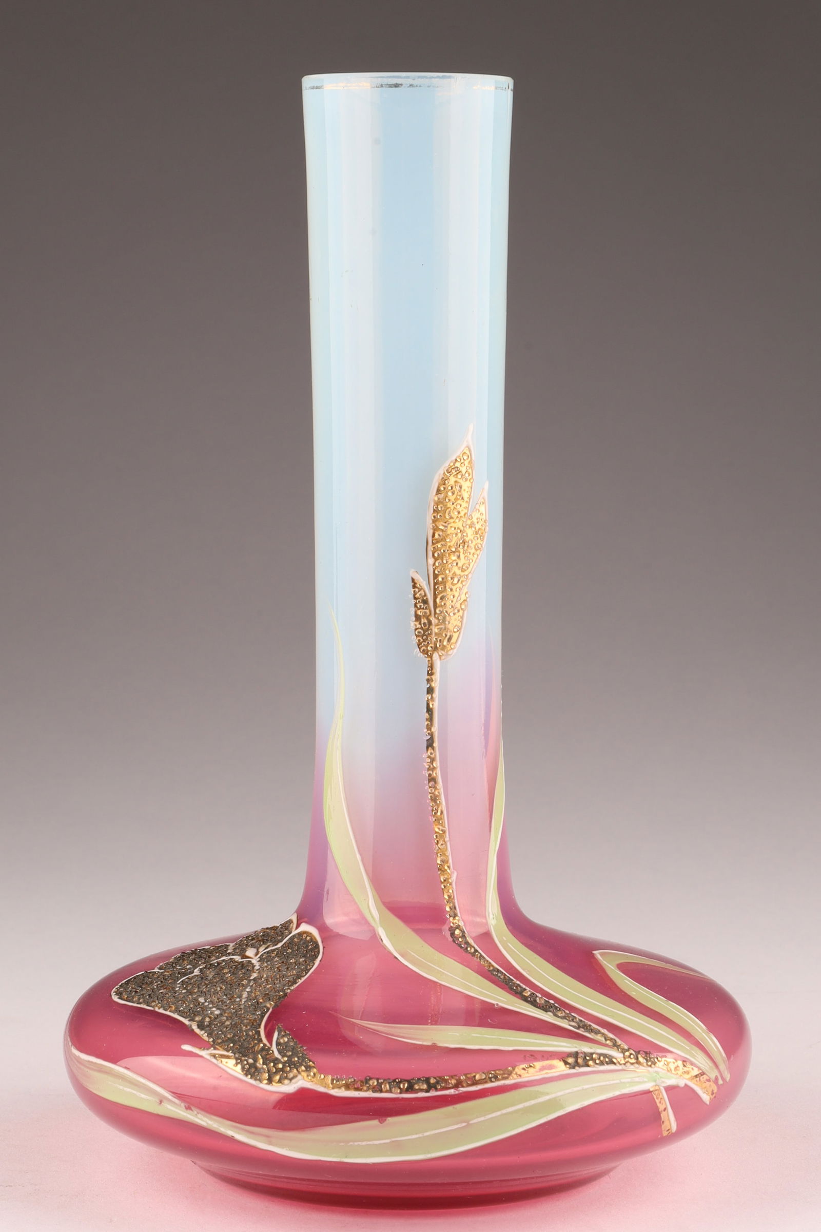 Antique Cranberry Opalescent Glass Vase with Gilt Enamel Floral Decoration (1 of 6)