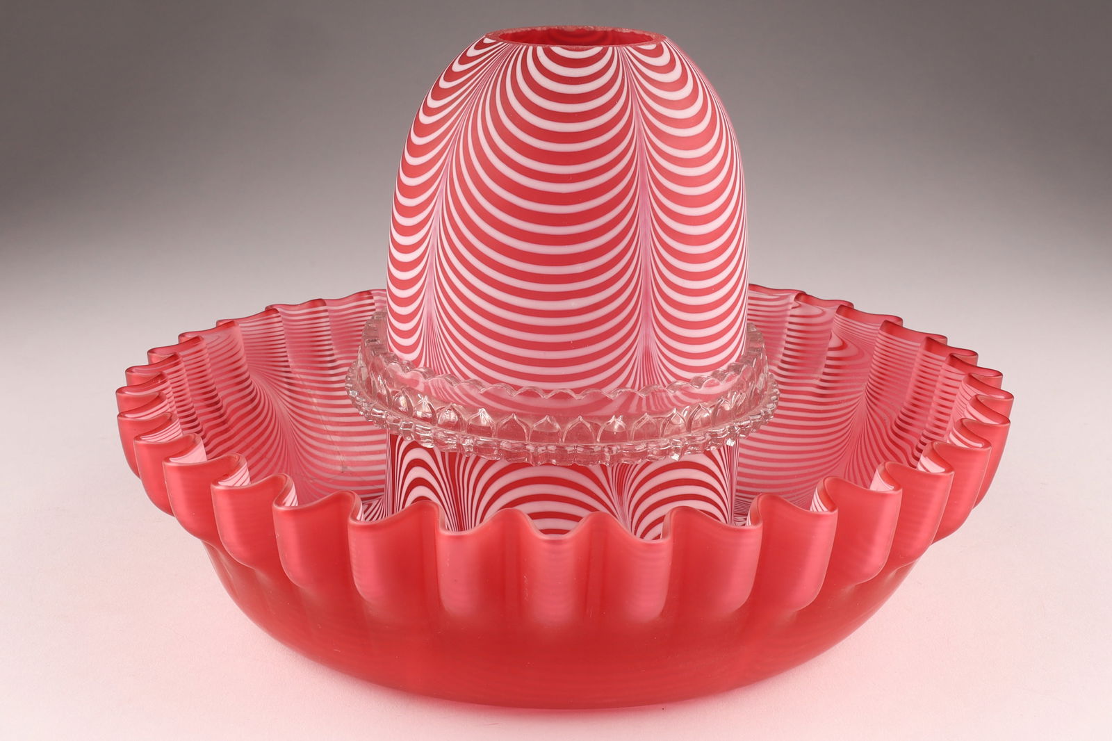 Antique Nailsea Venetian Thread Art Glass Pink Fairy Lamp: Antique Victorian Nailsea Venetian threaded glass in matte cranberry pink, Fairy Pyramid light. Professional restoration to base, as shown. 8 inches diameter x 6 H.