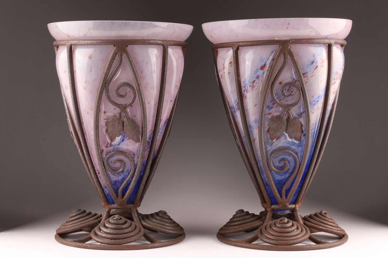Pair of Art Deco Blown Glass and Iron Edgar Brandt Style Vases Table Lamps (1 of 9)