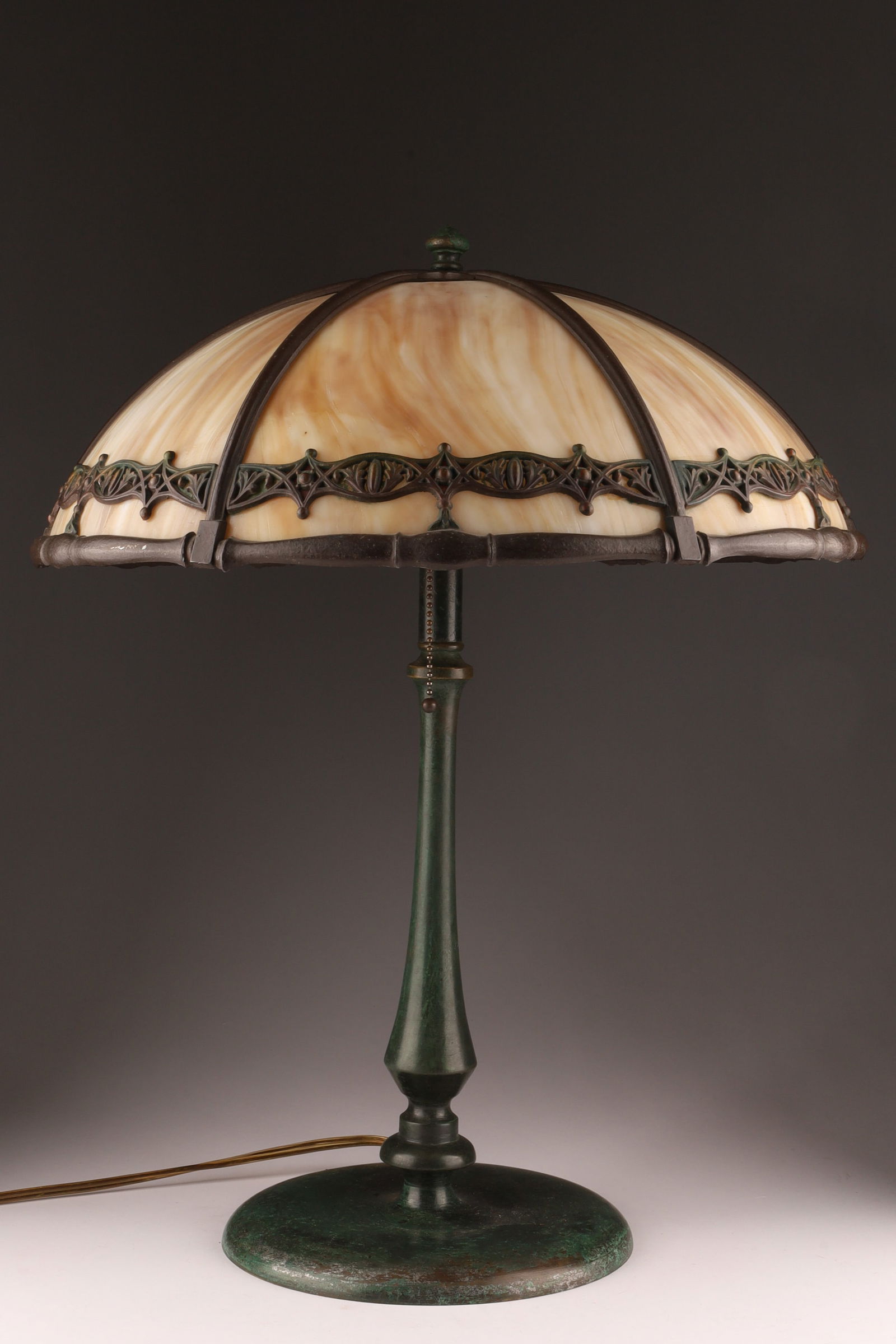 Art Nouveau Arts and Crafts Slag Glass Table Lamp Bronze Base: Art Nouveau Arts and Crafts 6 Panel Slag Glass Table Lamp Bronze Base with Patination. 21 inches H x 17 W. 