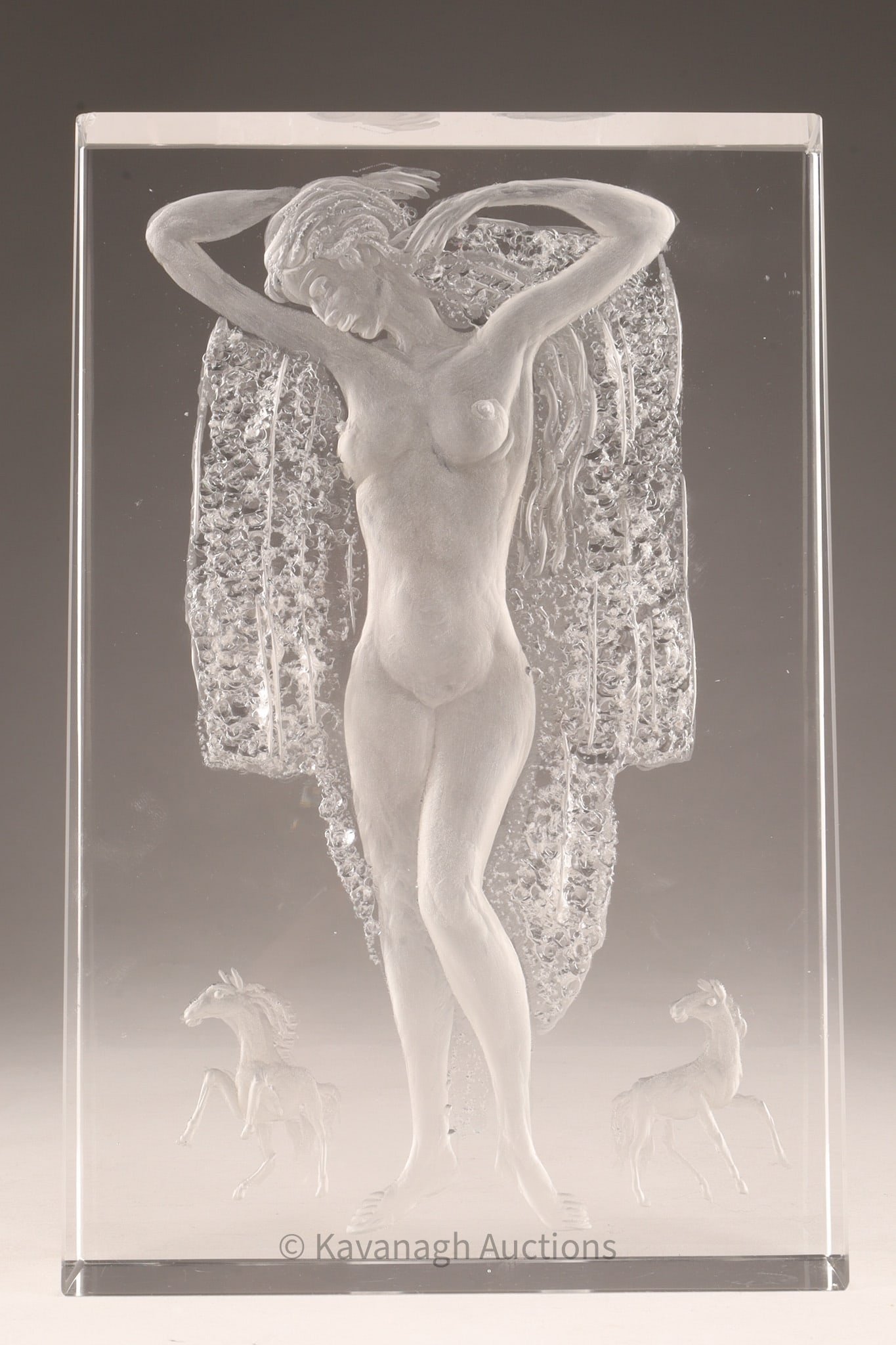 Art Deco Exbor Crystal Nude Lady Sculpture: Art Deco Exbor Crystal Nude Lady Plaque features a female nude standing with horses in the distance at either side. Signed on base.. 9.5” H x 6” W. Flea bite to top left corner 