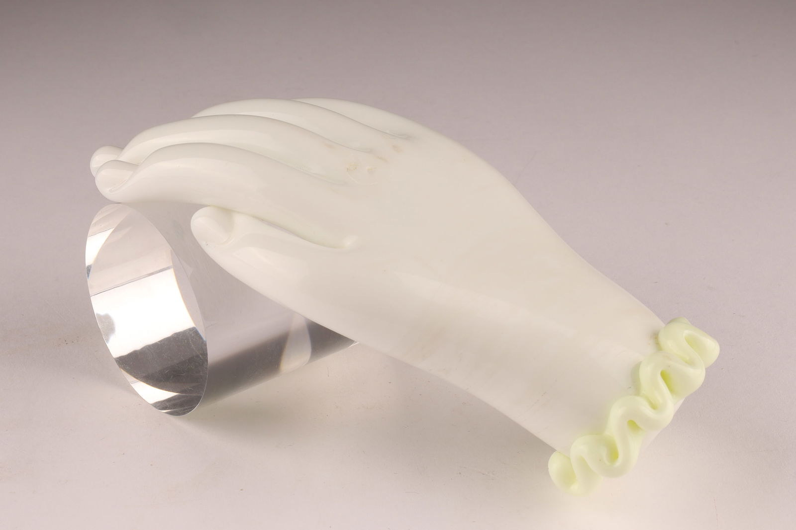 Post-War Lattimo Art Glass Sculpture of a Hand by Fulvio Bianconi for Venini: Post-War Lattimo Art Glass Sculpture of a Hand by Fulvio Bianconi for Venini, Art Glass Hand Form, white with pale green frill at wrist. Three line acid etched signature factory mark on back of hand