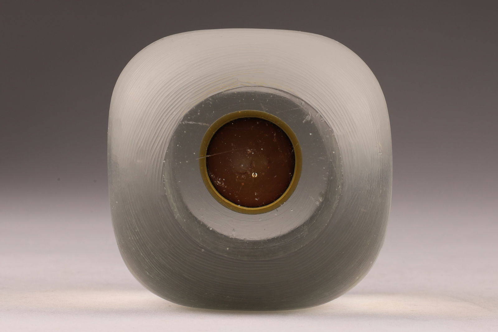 Inciso Glass Object from Paolo Venini, Murano, Italy c. 1950s: Inciso Glass Object from Paolo Venini, Murano, Italy c. 1950s rounded, of cylindrical form with horizontal surface incision lines and red and yellow sommerso style inclusion. Unsigned. Measuring 2.5