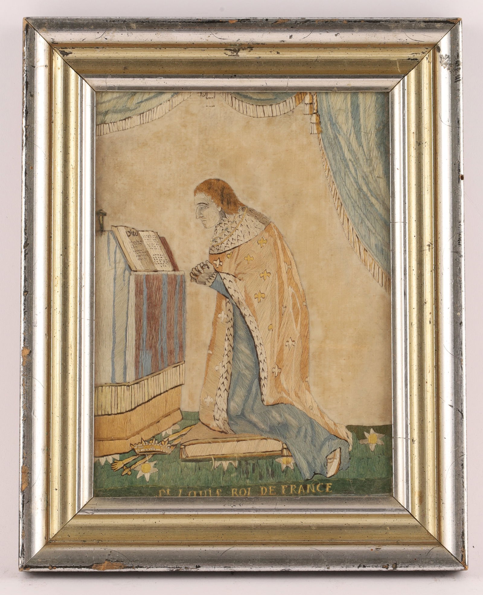 French School (Provence), Early 18th c. Portrait of Jean Roubaud, Oil painting: Antique French Directoire Silk Embroidery of St. Louis IX in Prayer French School, St. Louis, Roi de France in Prayer Description A French devotional silk embroid