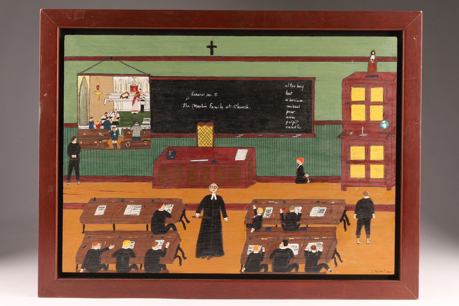 Solange Hubert (Canadian, b. 1946) Acrylic on Wood Panel Folk Art Interior Scene, Lecon No. 5 (1 of 8)