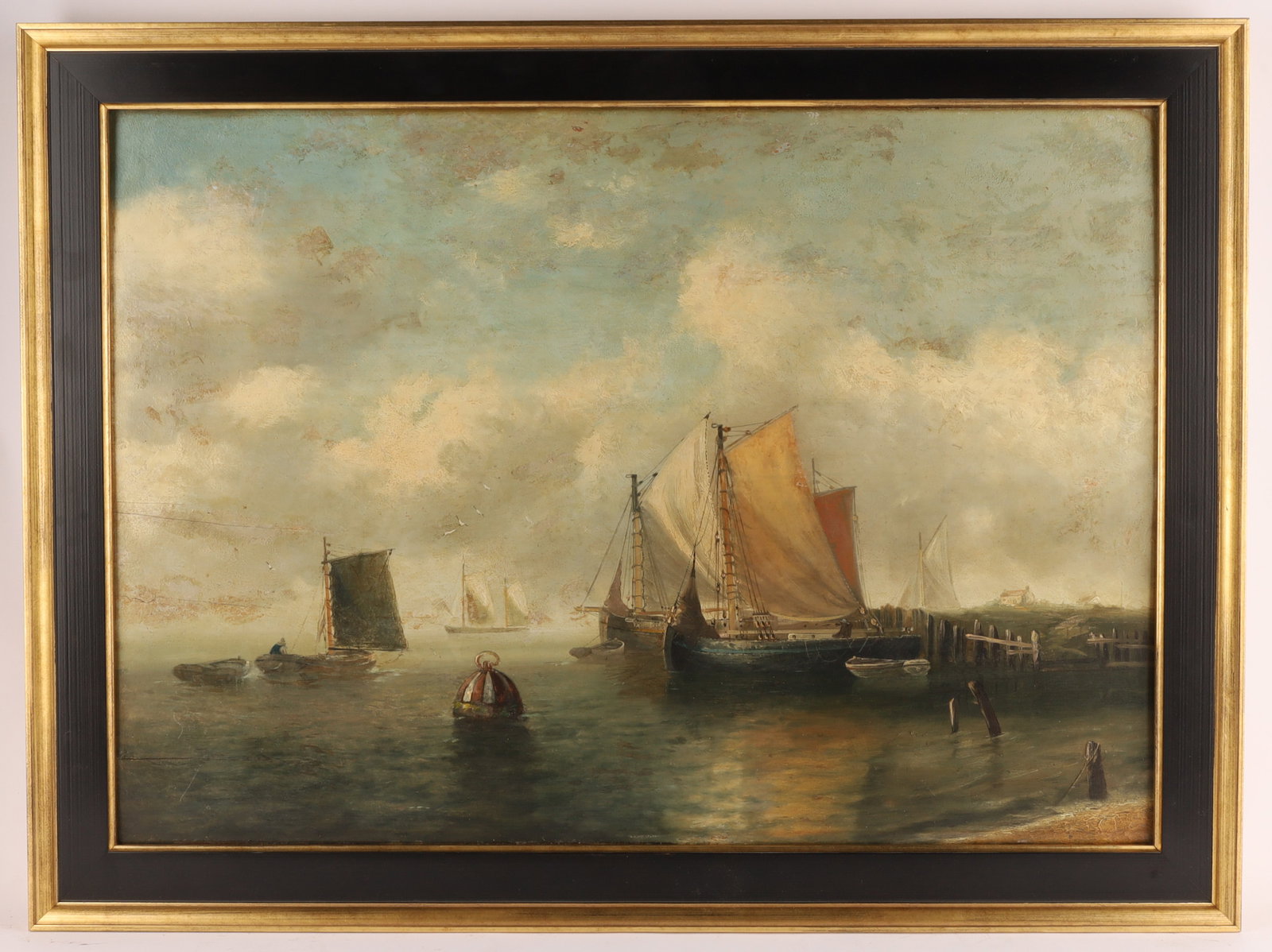 19th C English Maritime Painting, Sailing Vessels at Harbor, Oil on Panel (1 of 10)