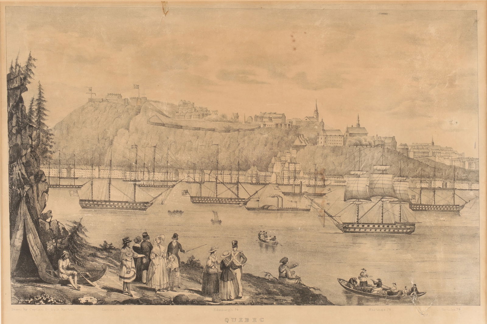 19th C Quebec Lithograph, Quebec with The Arrival of H.M.S. Hastings after Digby Morton: 19th C Lithograph Depicting a view of the warship Hastings arriving at Quebec City with Count Durham, Governor General of Canada, May 28, 1838. Drawn by Day and Haghe, after Captain Digby B. Morton’