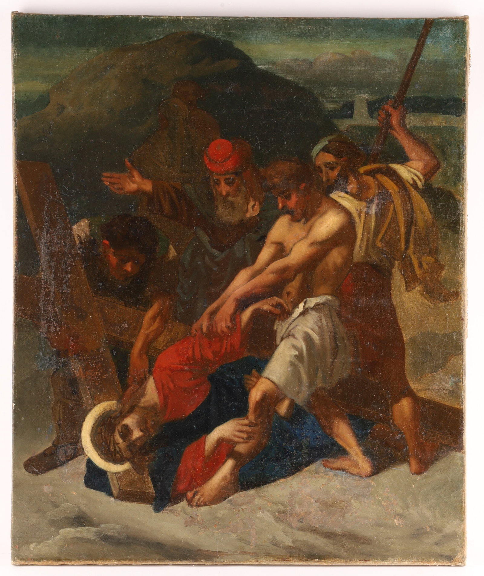 Antique Italian Baroque School Christ Falling Under the Cross with Simon of Cyrene, Oil on Canvas, (1 of 7)