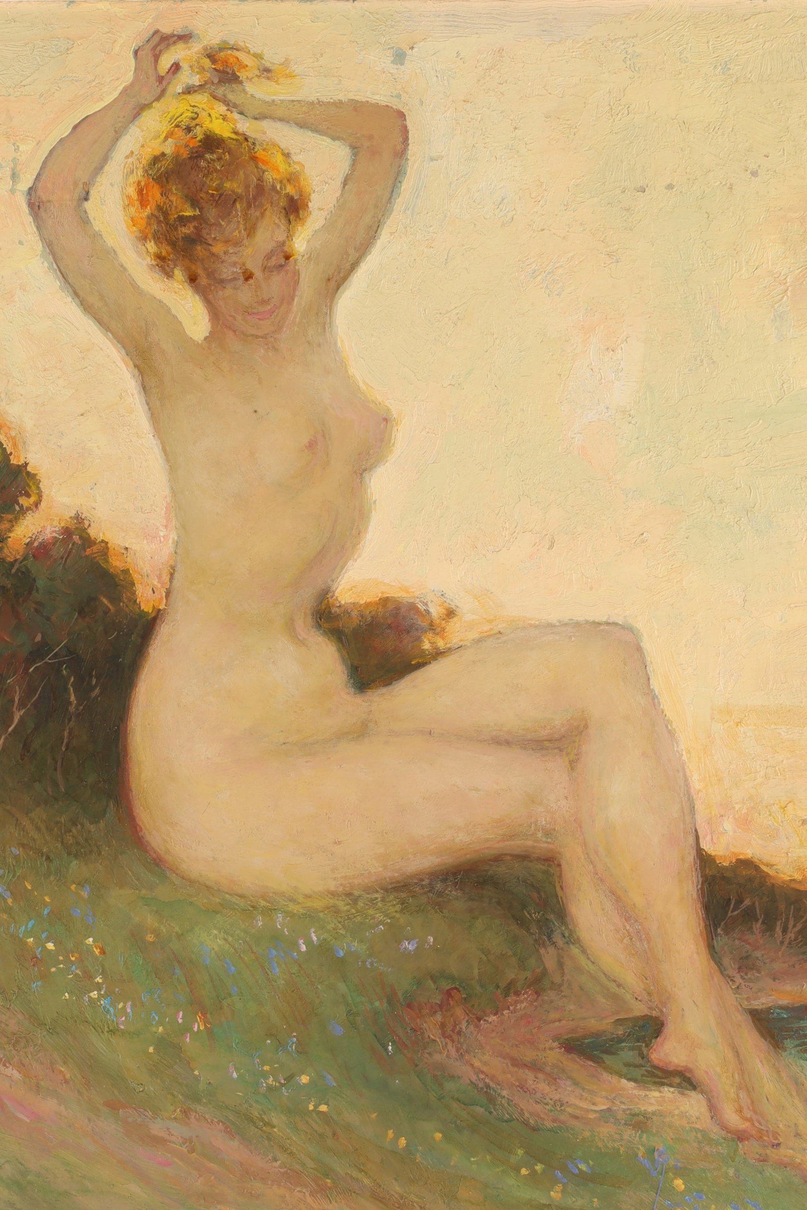 Russian Impressionist School (Moscow Circle), late 19th c. Female Nude painting on panel: A finely executed oil painting of a seated female nude in a landscape, attributed to the Russian Impressionist School of the Moscow circle. Painted in the late 19th, early 20th century, the work combi