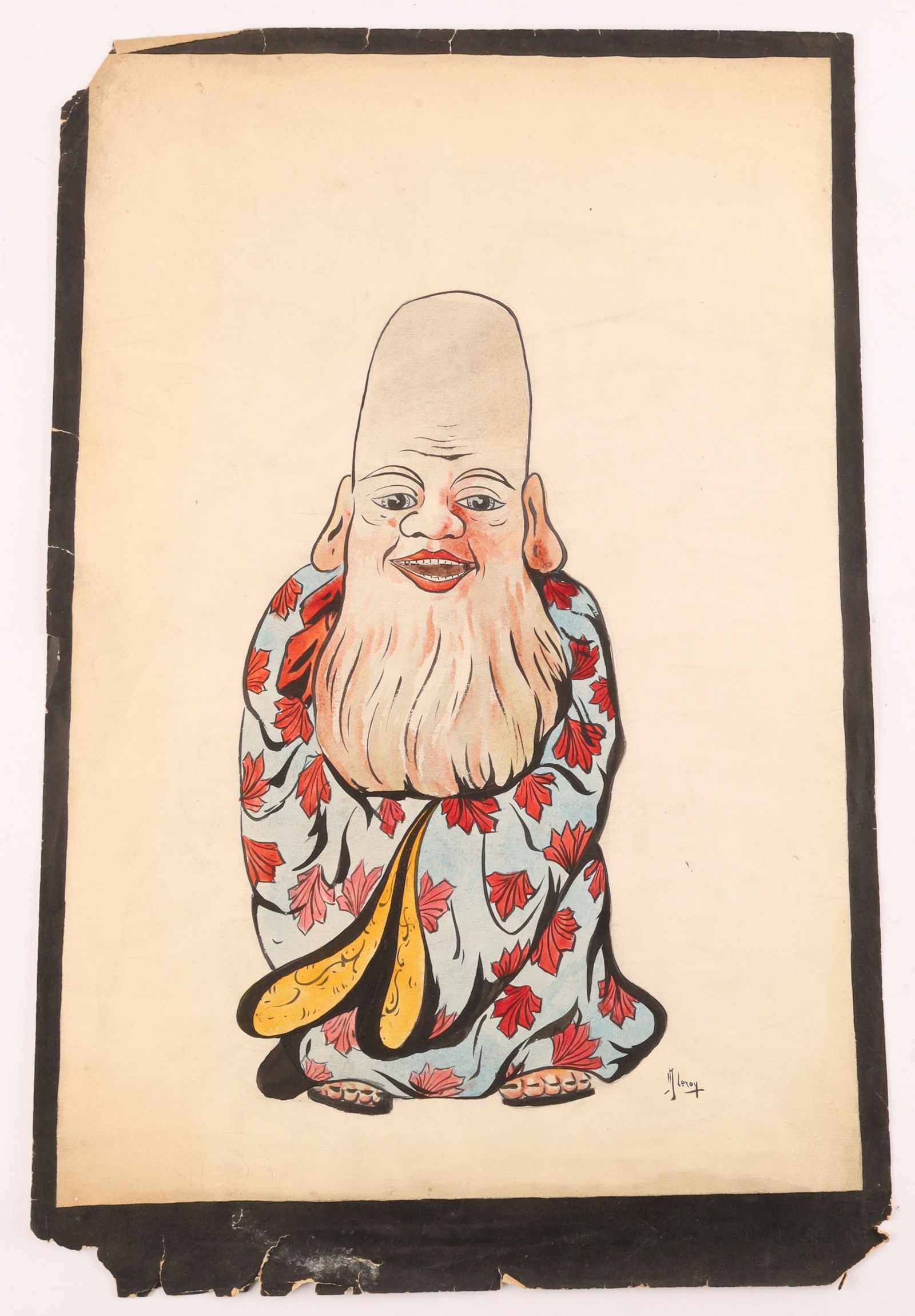 Jules Leroy (French, 19th c.), Japonisme Figure, Ink and Watercolor, Signed: A finely executed ink and watercolor drawing depicting a comical elongated figure in Japonisme dress, signed Leroy at the lower right. The work reflects the playful caricatural spirit and Japanese-ins
