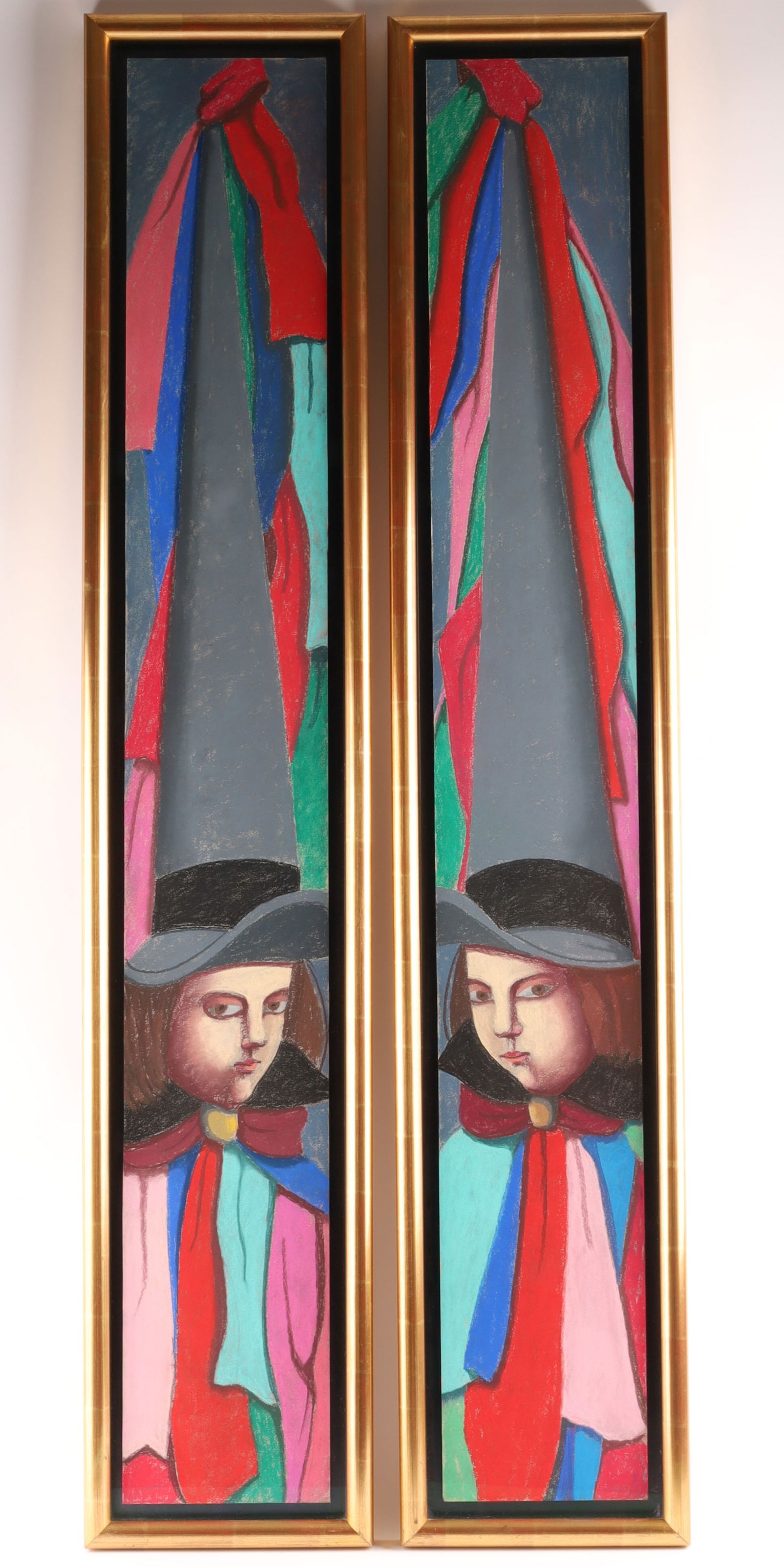 Pair of Louise Scott (Canadian, 1936-2007) Pastel Portraits of a Lady: Louise Scott (Canadian, 1936-2007) Pair of Pastel on Board, Mirror Portraits of a Lady Wearing a Tall Grey Hat decorated with ribbons. Measuring 50 inches H x 7 W, framed in modernist gilt frames meas