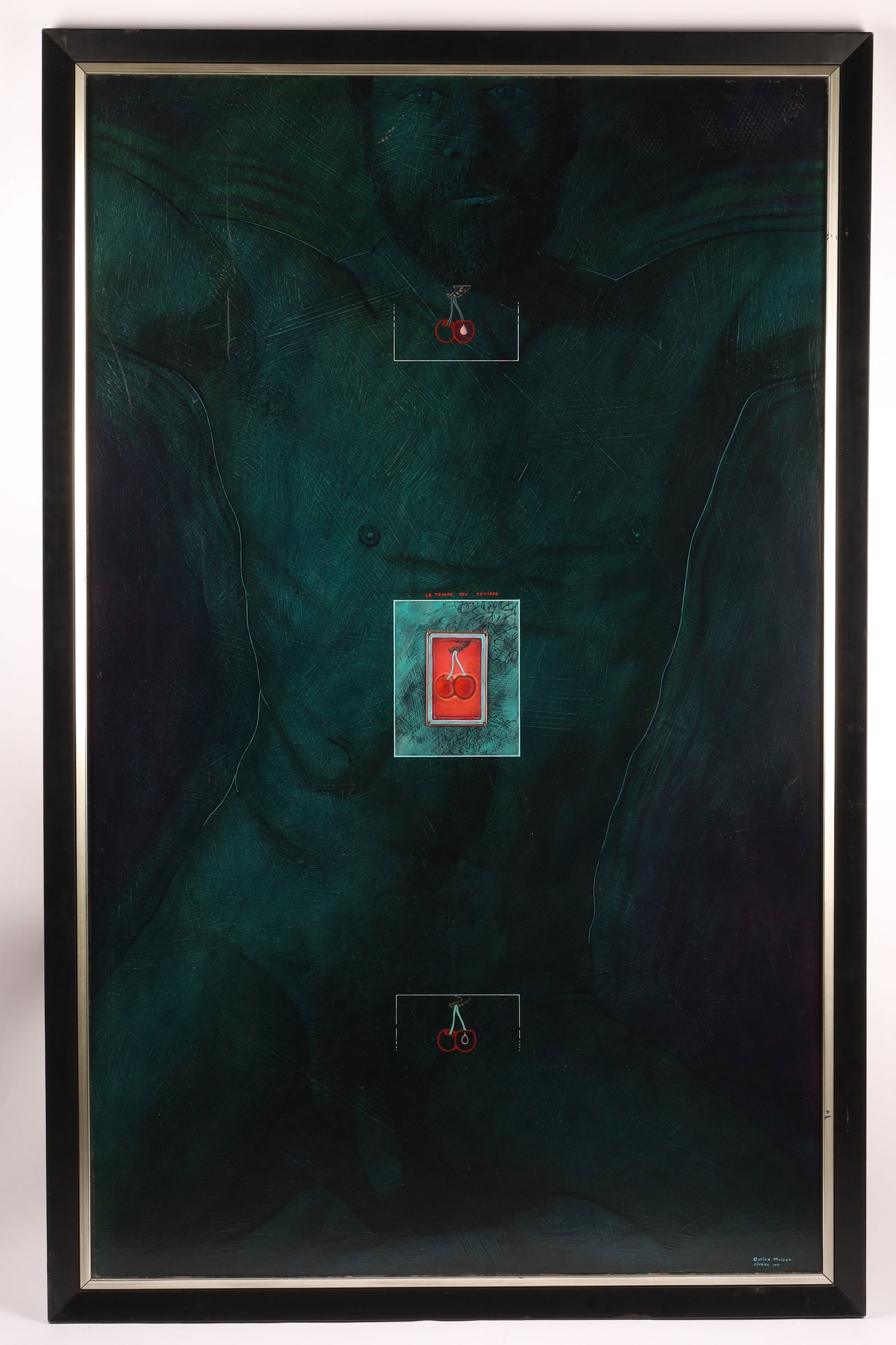 Gatien Moisan (b. 1946) Le Temps des Cerises, 1991, Large Oil on Board with Nude Figure: A large-scale oil on board by Gatien Moisan titled Le Temps des Cerises (The Time of Cherries), executed in 1991. The composition is dominated by a deep, atmospheric field of emerald green, blue, and