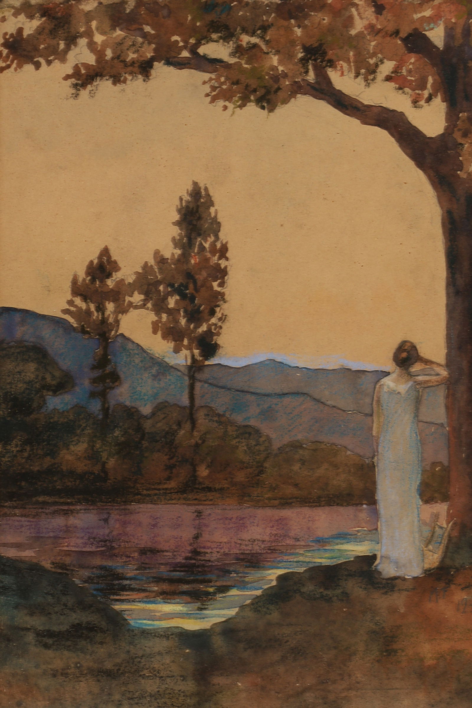 Art Deco Watercolour Figural Landscape Painting Signed: Art Deco Watercolour Figural Landscape Painting Initialled M.F. 1930 lower right. In original carved Art Deco frame, image measures 11.5 inches x 8.25 W within matting, frame measures 15 x 12 inches.