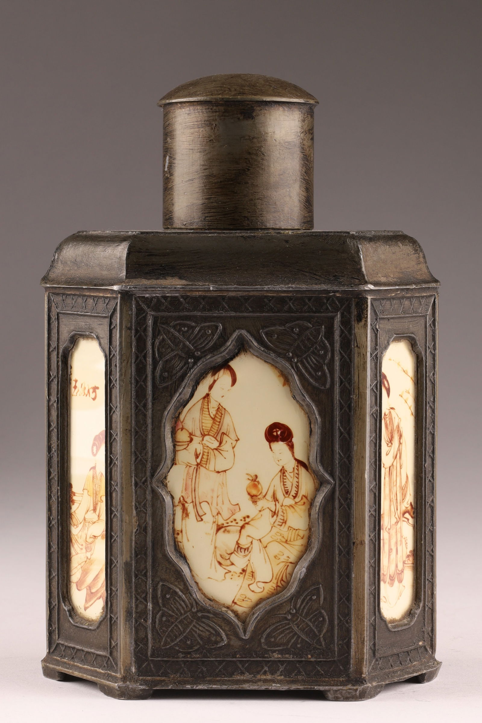 Antique Chinese Pewter 6 Panel Reverse Painted Glass Tea Caddy Container Signed (1 of 11)