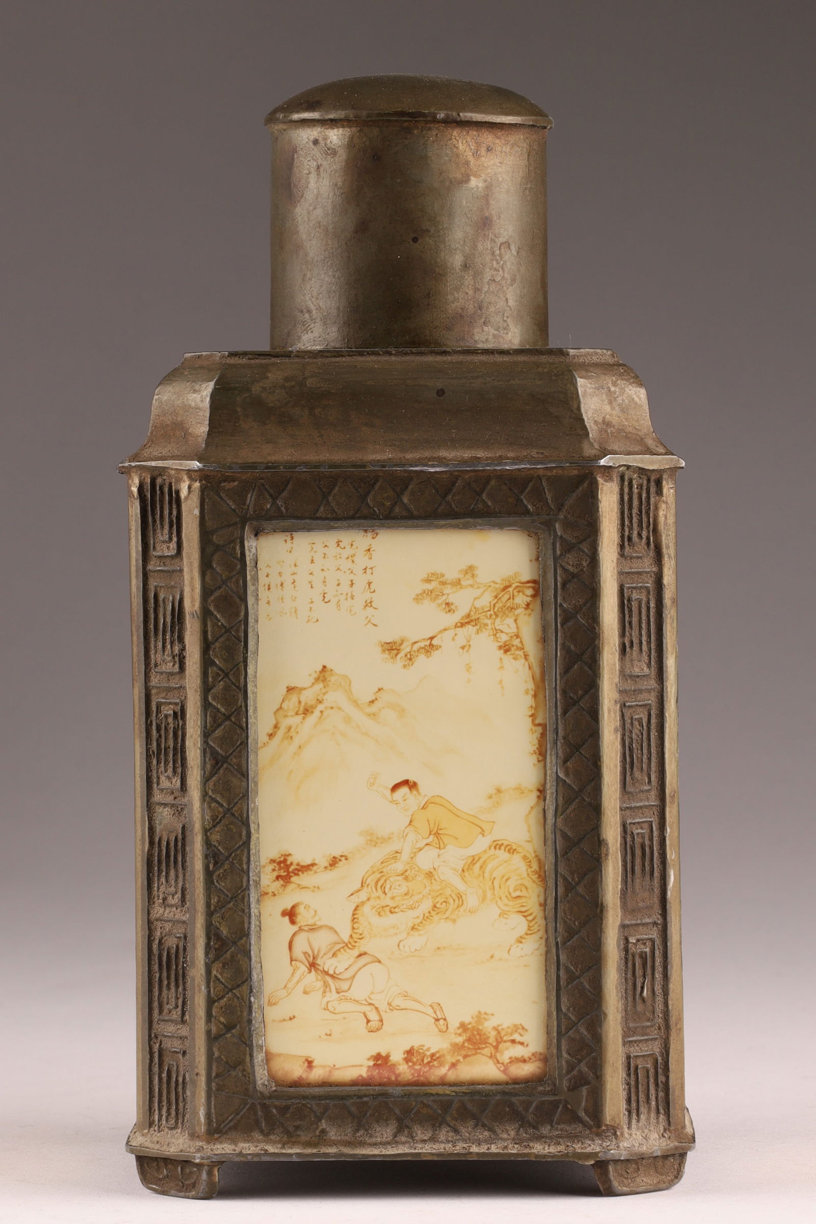 Antique Chinese Pewter Reverse-painted Glass Tea Caddy (1 of 9)