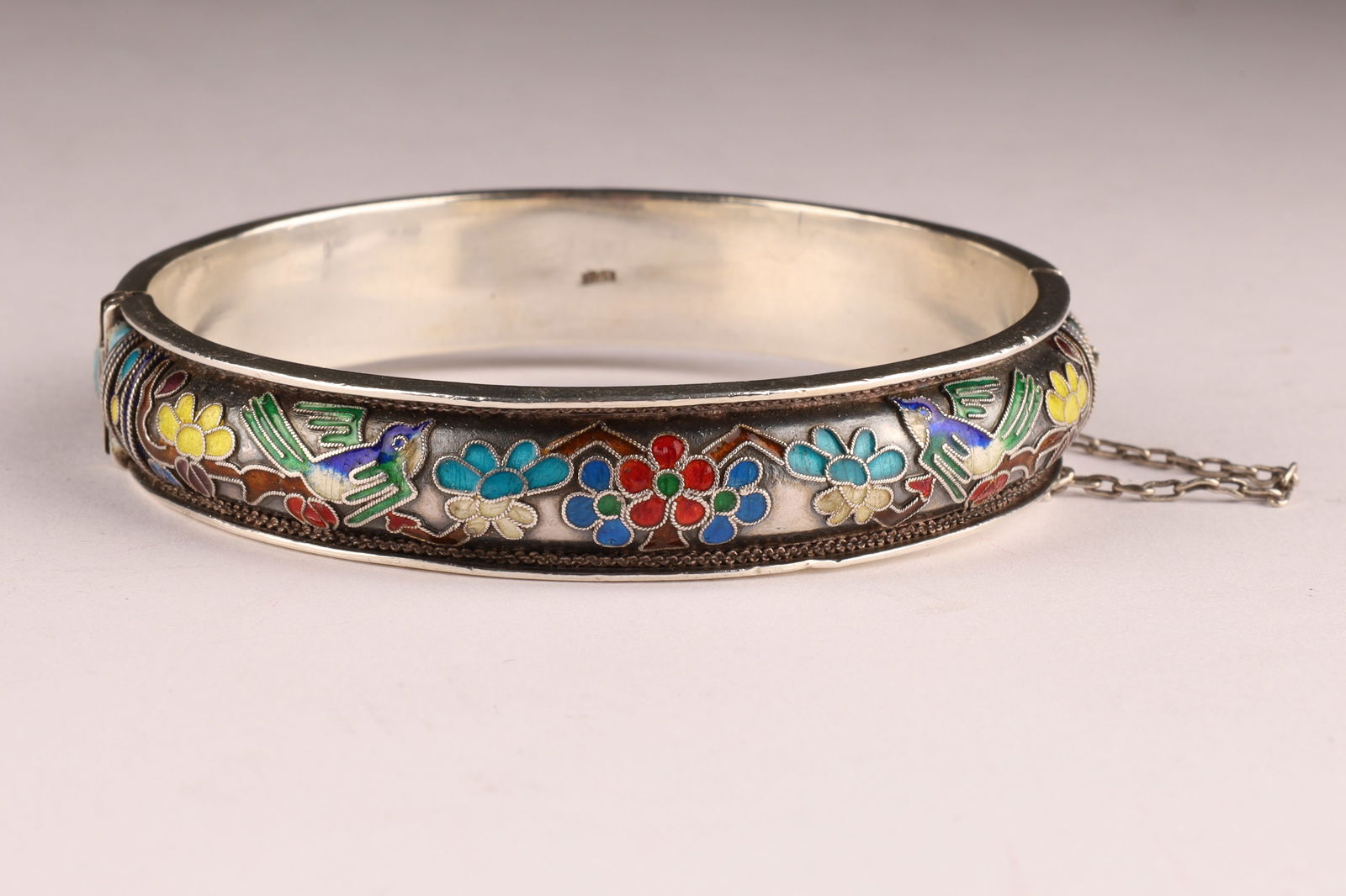 Chinese silver cloisonne bracelet with enamel floral design (1 of 7)