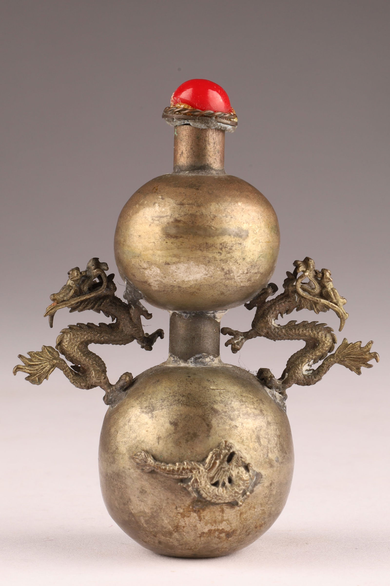 Signed Chinese Silver Metal Snuff Bottle with Dragons (1 of 8)