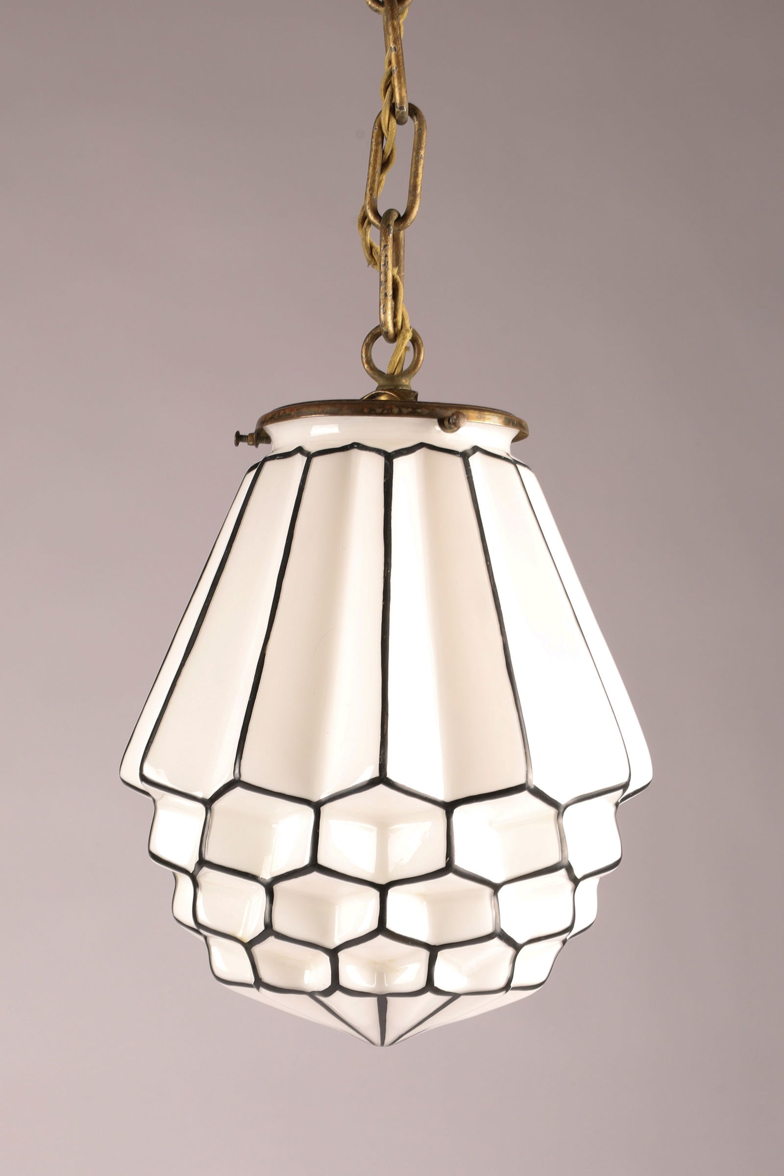 Antique 1920s Art Deco Tiered Milk Glass Black Trim Porch Light: Antique 1920s Art Deco Tiered Milk Glass Black Trim Porch Light. Globe measures 10 inches L x 8 W, with chain and ceiling cup, 25 inches L.