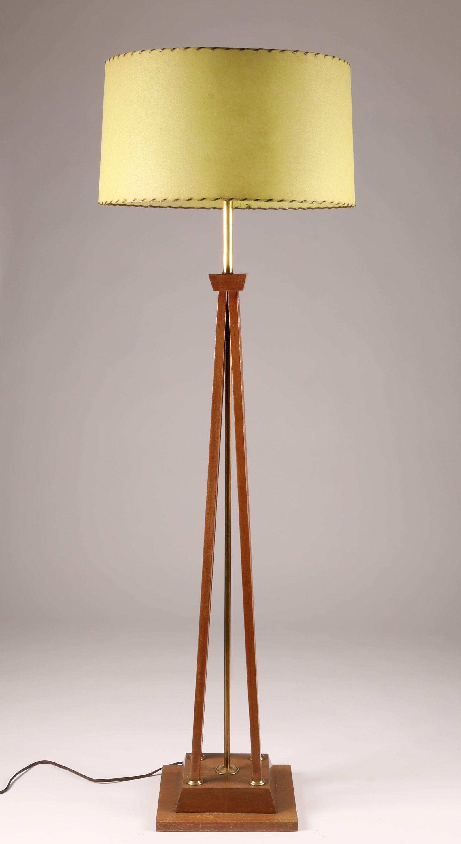 1950s Mid Century Modern Walnut Floor Lamp: 1950s Mid Century Modern Walnut Floor Lamp with Whip Stitch Vellum Style Shade. Measuring 58 inches H x 18 W with shade on milk glass diffuser. 