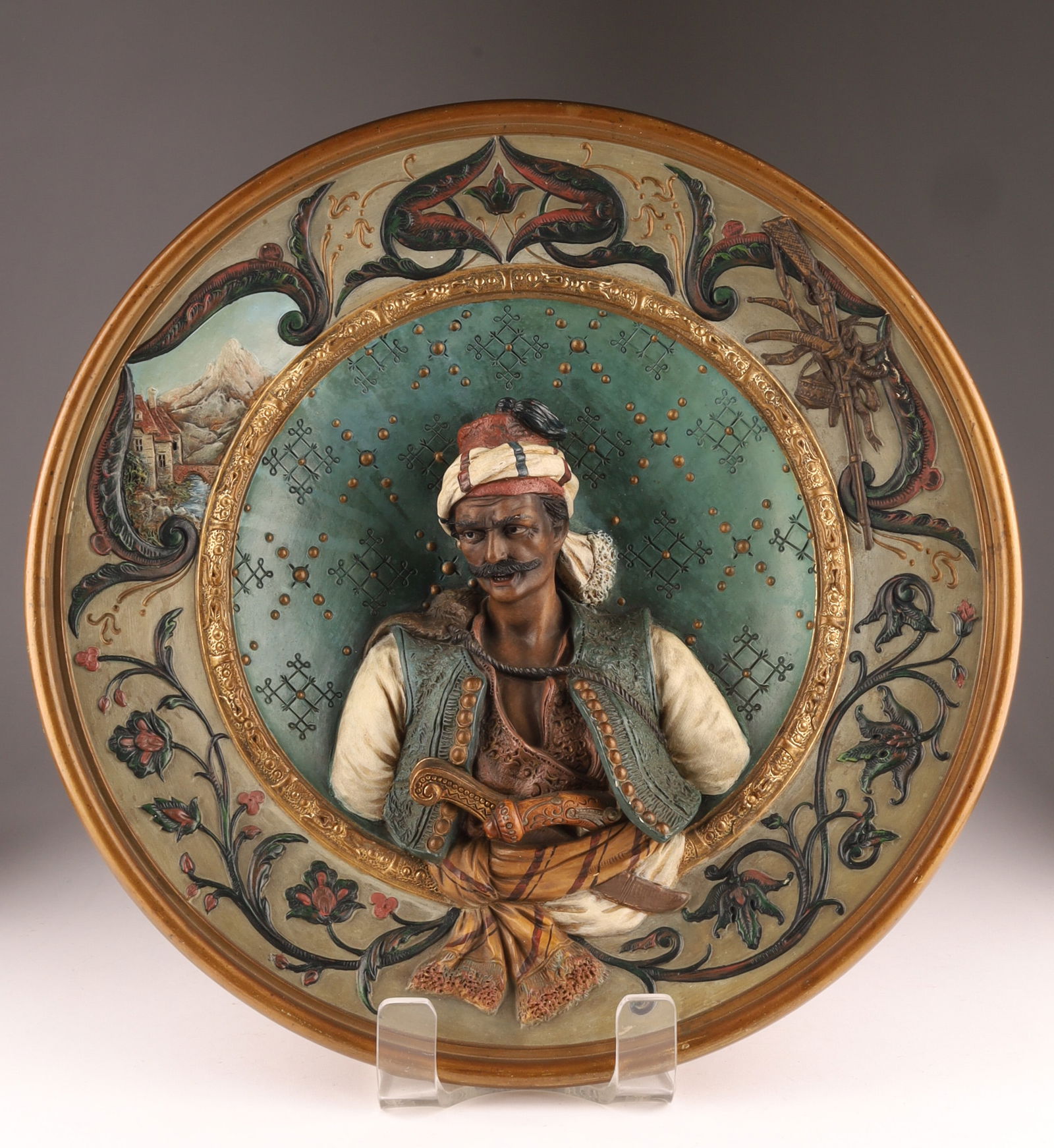19th C Orientalist Terracotta Figural Plate of a Pirate by Musterschutz / Johann Maresch (1 of 7)