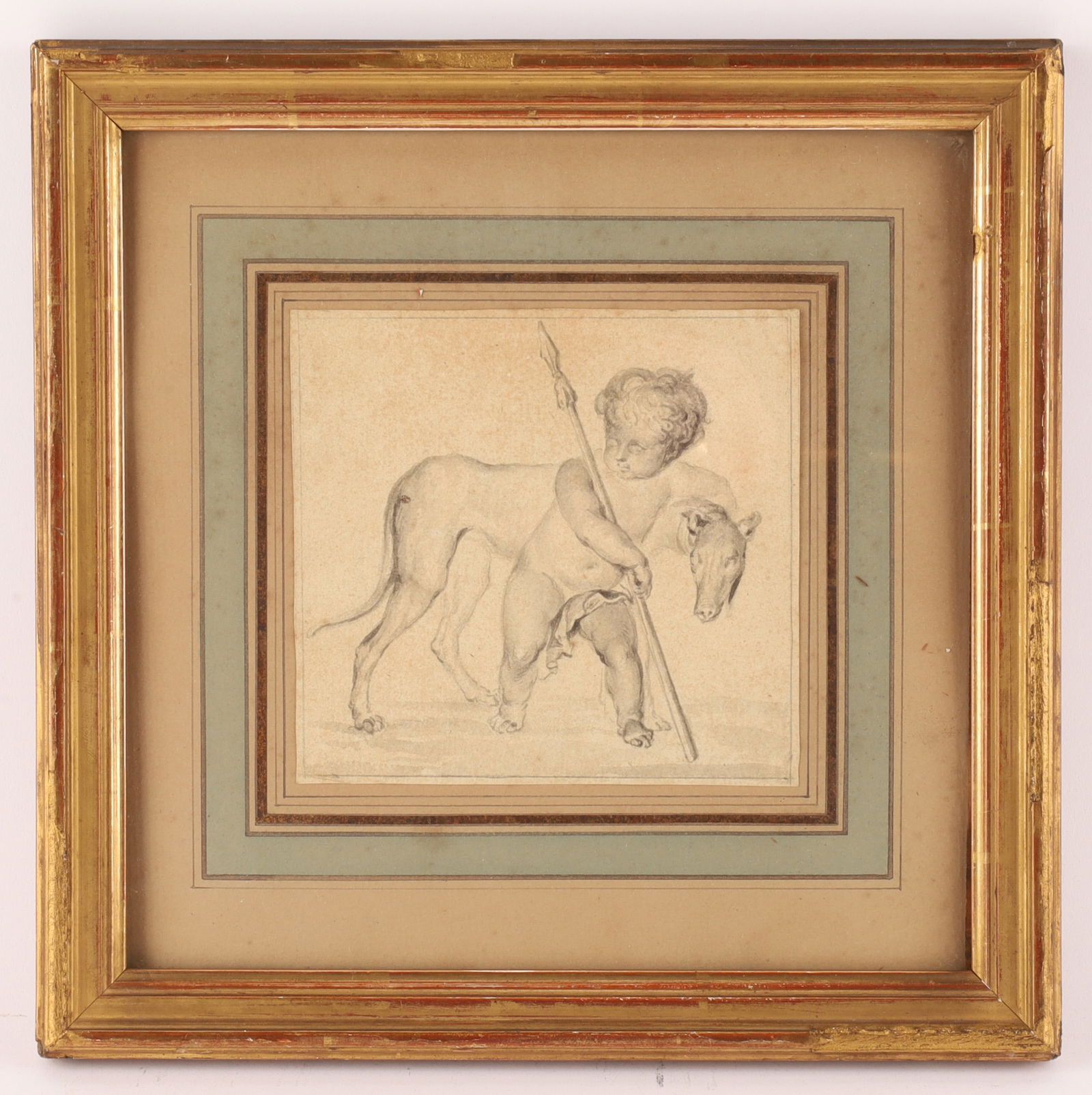 Circle of Carlo Maratta Baroque Drawing of Putto: Circle of Carlo Maratta (Italian, 1625-1713) Putto with a Greyhound and Spear Description A Baroque drawing depicting a putto leading a greyhound and holding a spear, executed in black chalk on