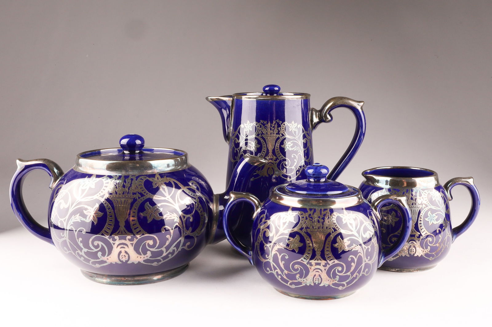 Antique English Cobalt Blue Glazed Ceramic and Silver Overlay 4 Pc. Tea Set (1 of 7)