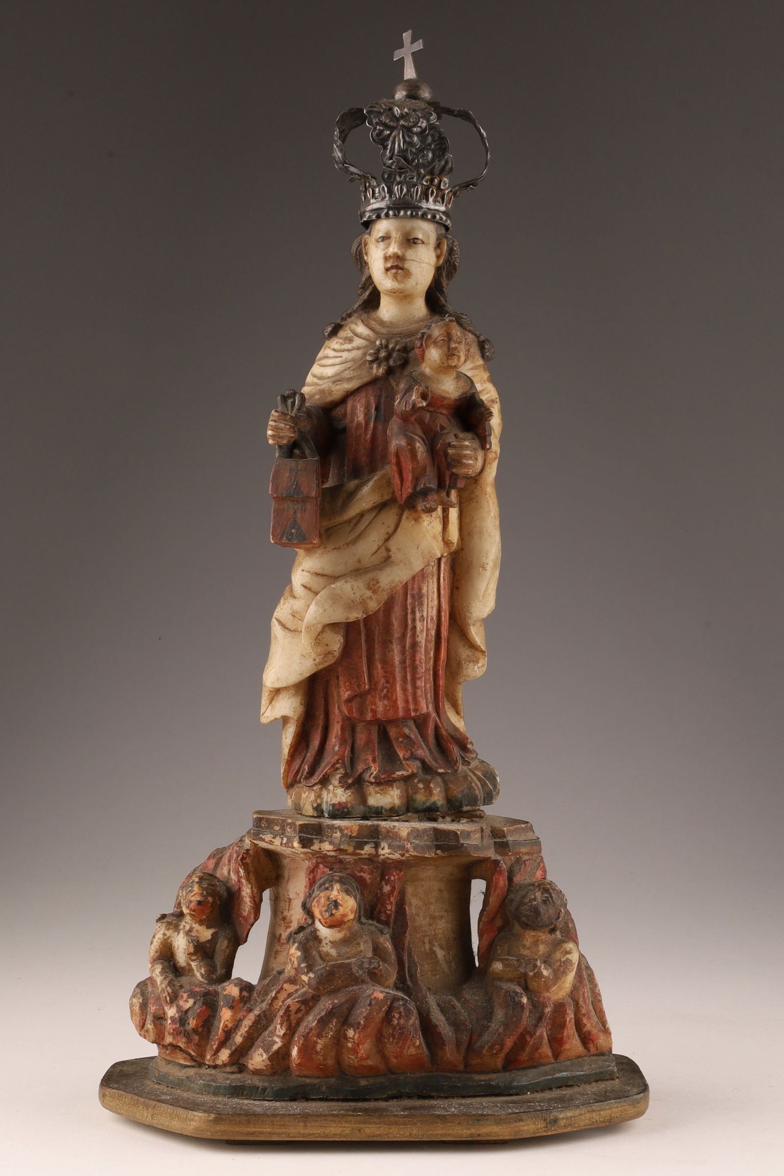 19th C Peruvian Alabaster Polychrome Religious Sculpture Madonna and Child (1 of 11)