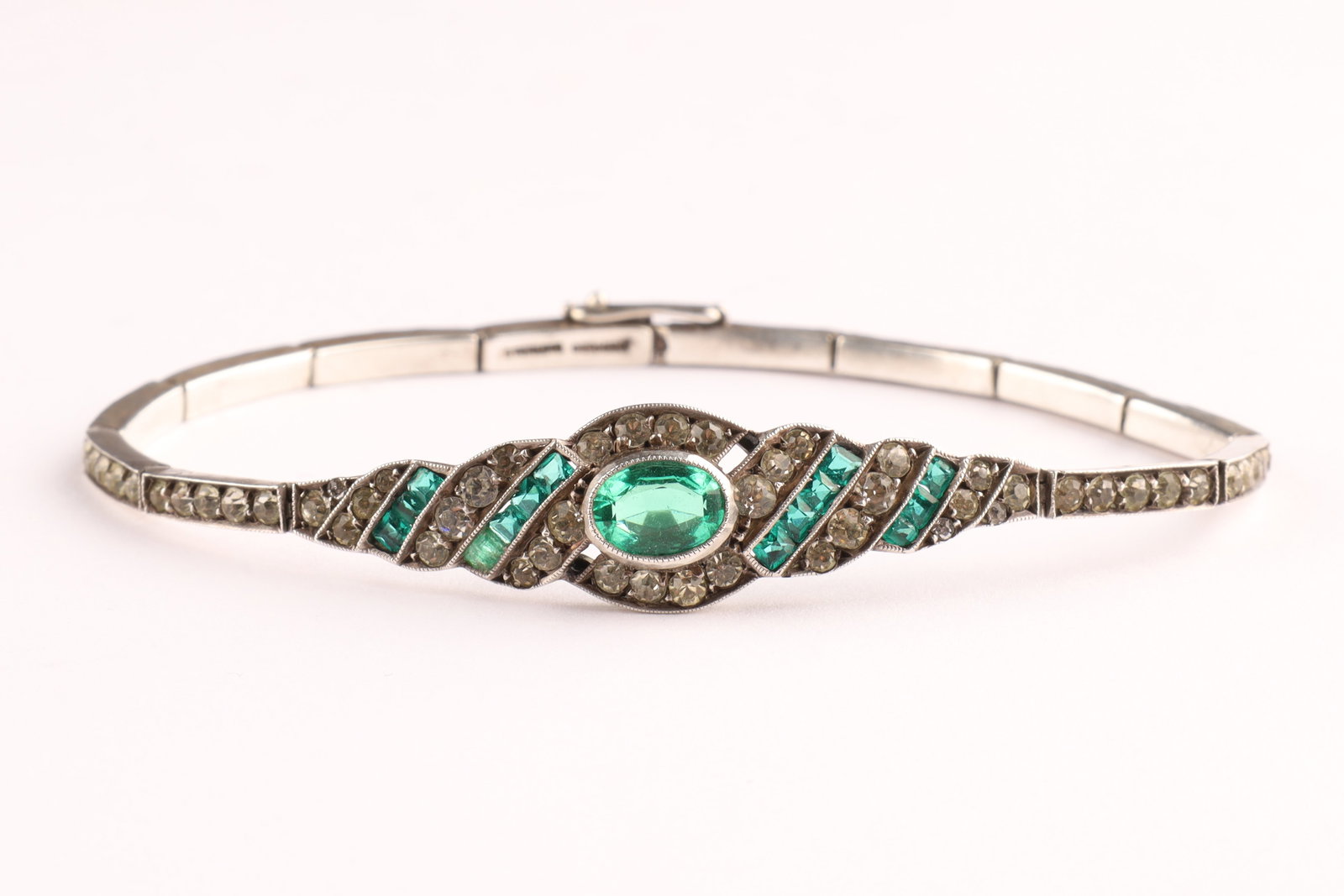 Art Deco Germany Sterling Silver and Green Glass Link Bracelet (1 of 8)
