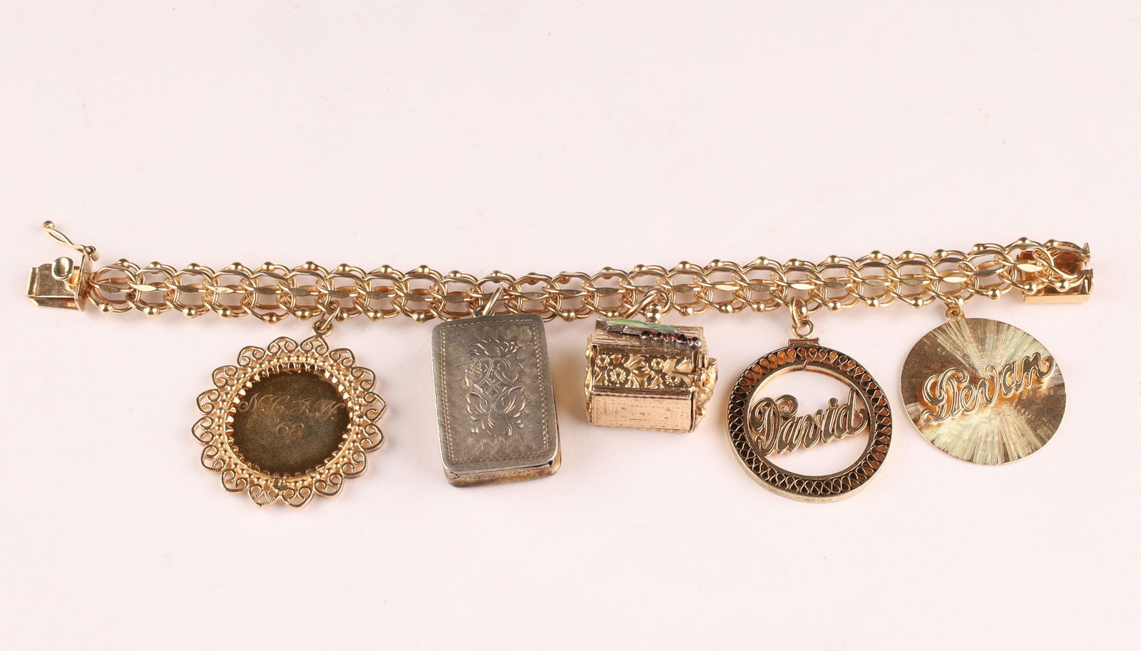 14K Gold Charm Bracelet with House Charm, Name Pendants & Engraved Vinaigrette (1 of 11)