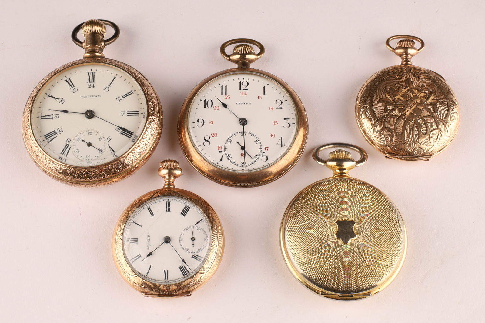 Lot of 5 Gold Plated Pocket Watches, Waltham, Zenith, A.C. Routier Quebec (1 of 13)