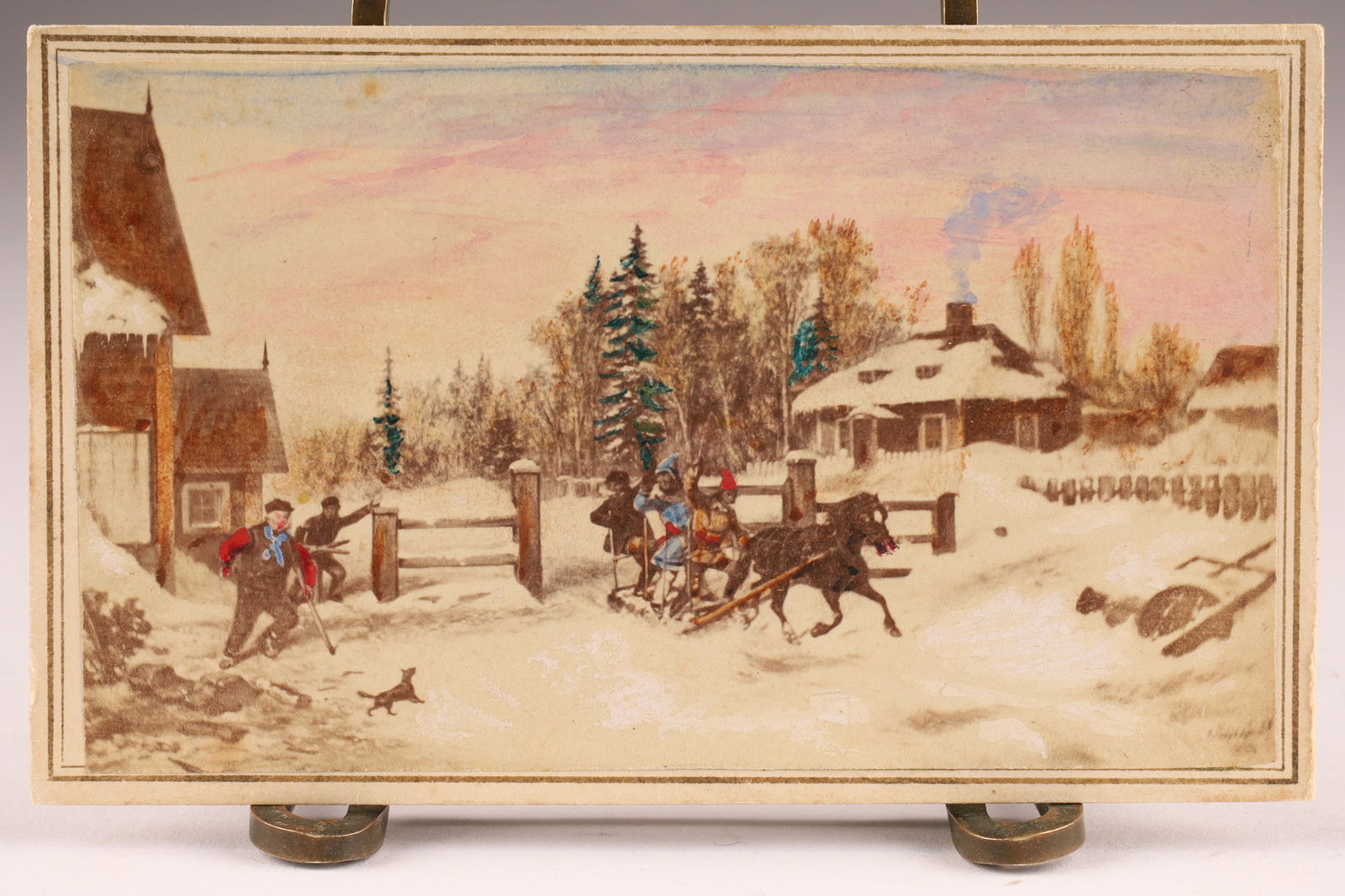 Ellison & Co. Tinted Photograph, The Tole Gate Cornelius Kreighoff: Elisson & Co. Tinted photograph print of the painting titled The Tole Gate by the 19th-century Canadian painter Cornelius Krieghoff. Krieghoff was known for his depictions of French-Canadia