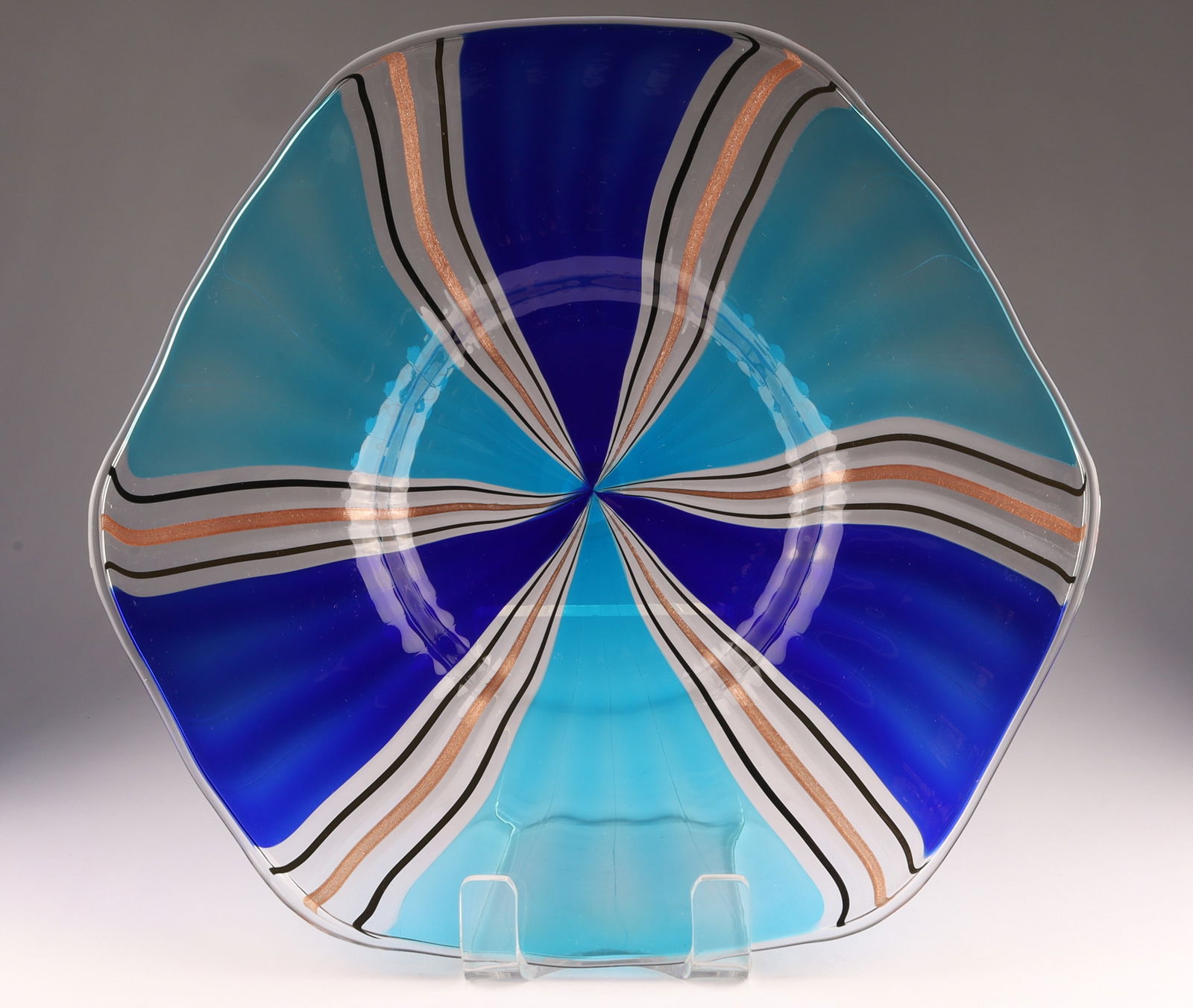 Murano Campanella Hexagonal Glass Bowl, Cobalt and Gold Stripes (1 of 5)