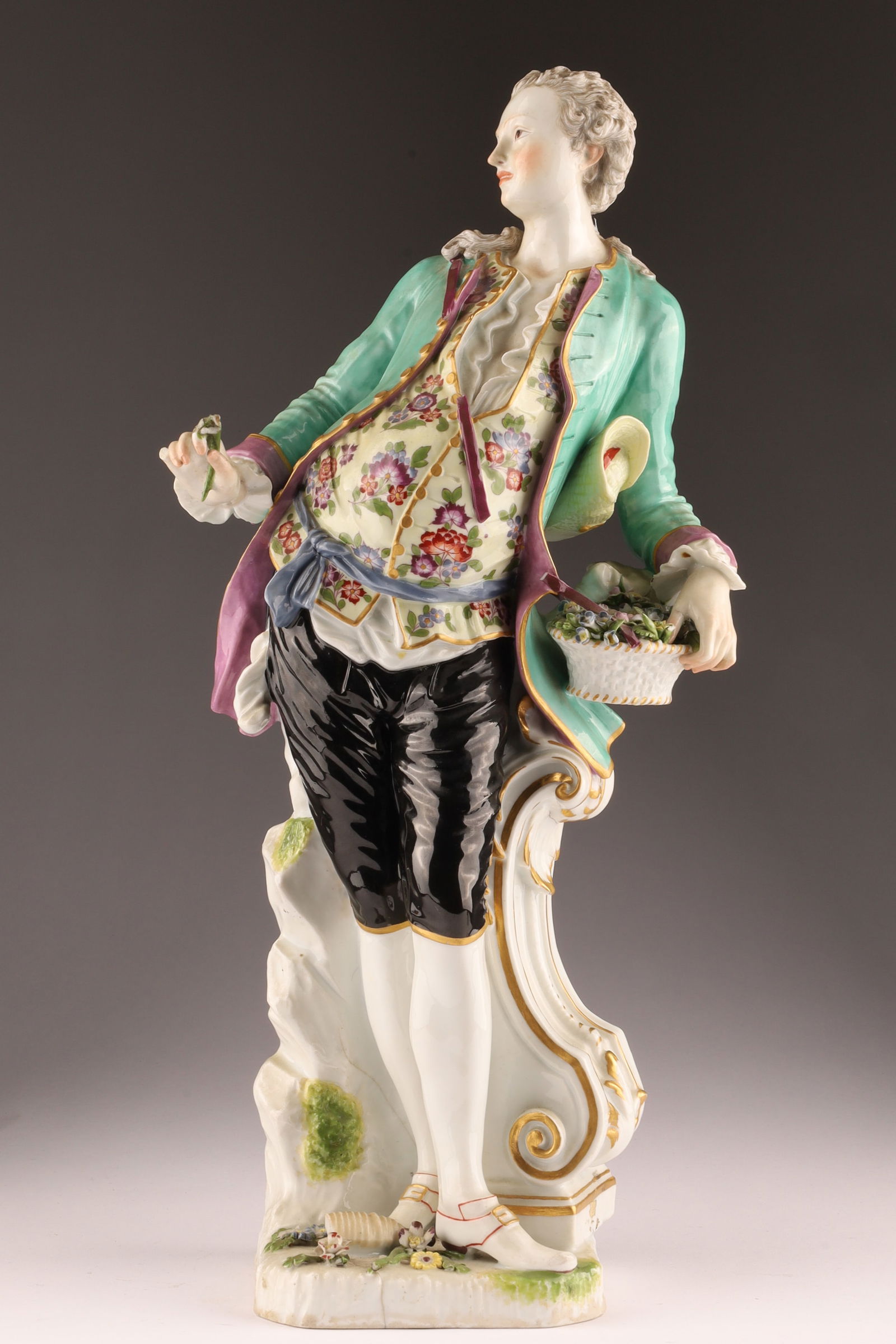 Large Meissen Porcelain Figurine Male Gardener Flower Collector: Large Meissen Porcelain Figurine Male Gardener Flower Collector, Possibly Samson. Blue underglaze crossed sword mark, some chips and loss to figure, missing part of sash and ribbon in hair, missing pi
