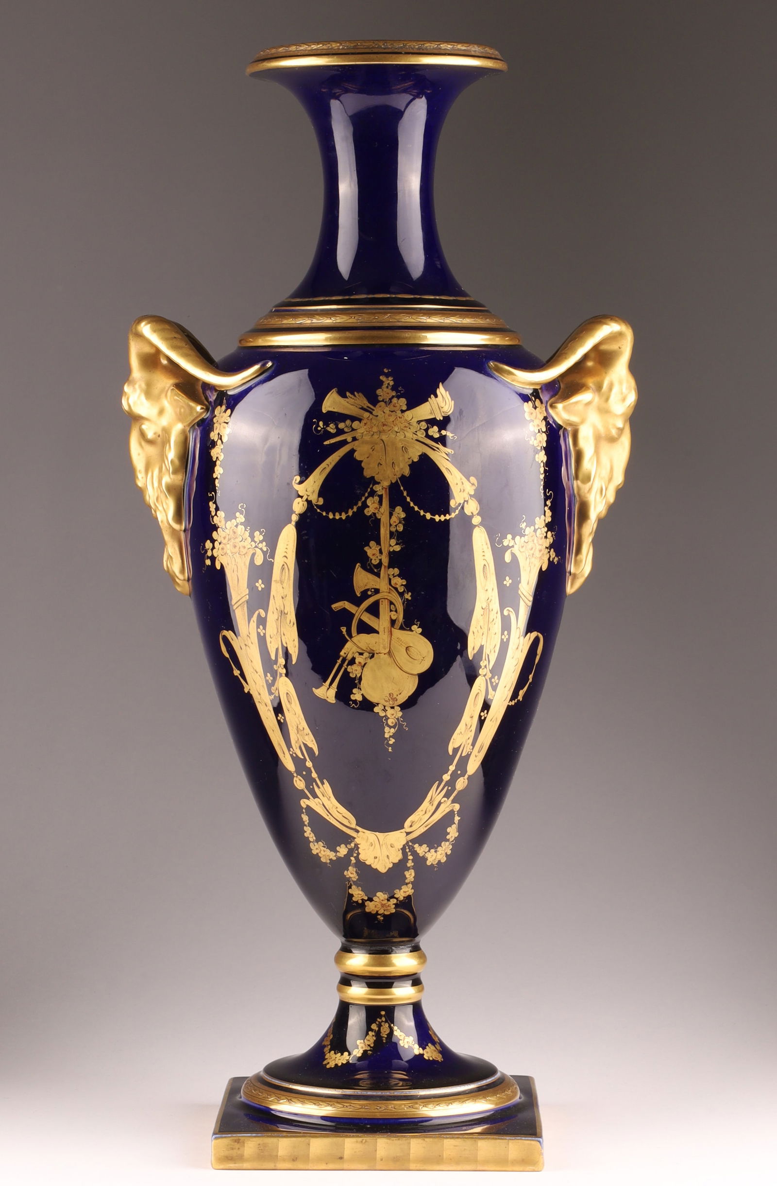 French Sevres Style Rams Head Gilt Cobalt Blue Vase Urn (1 of 13)